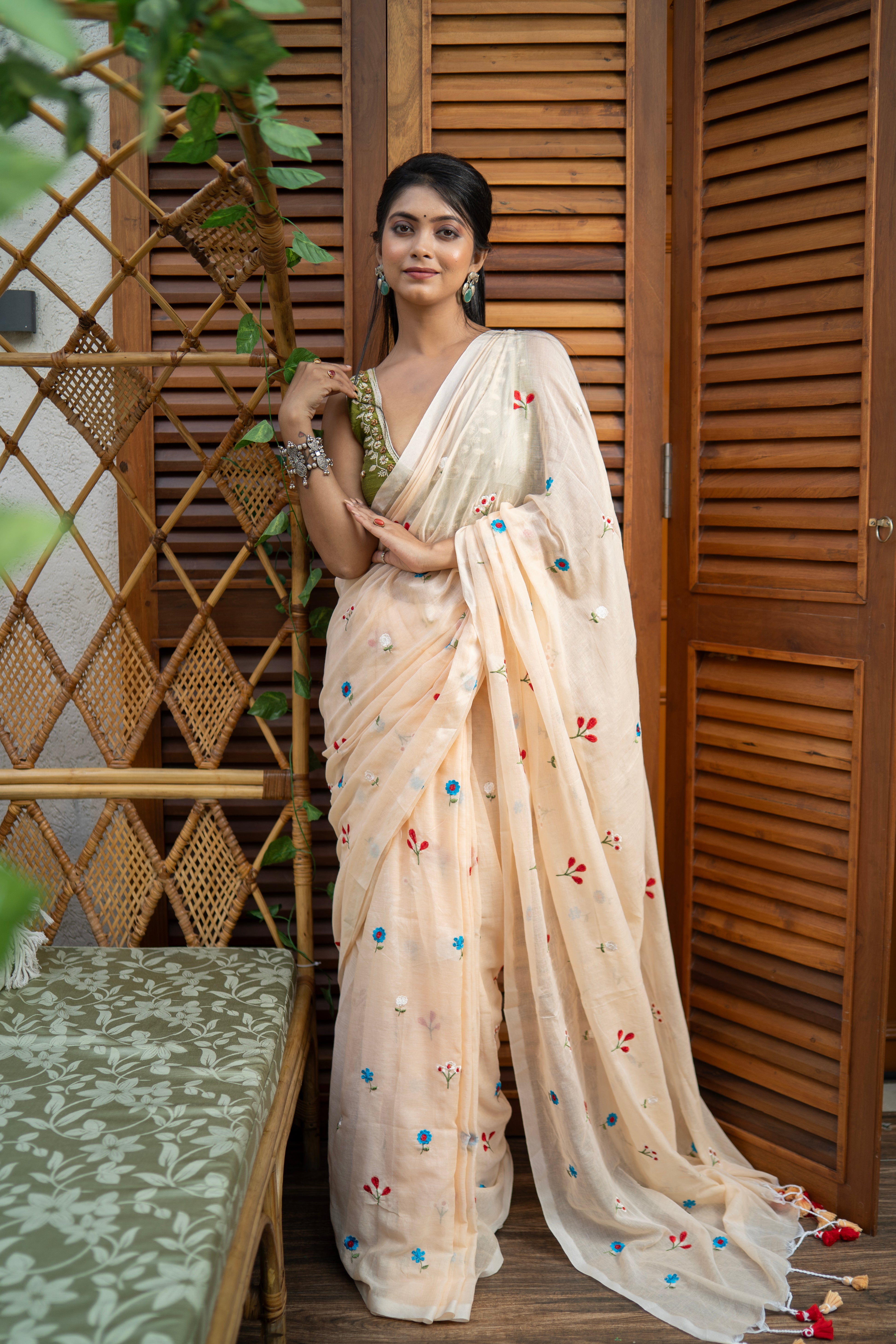 Cream embroidered mulmul cotton saree