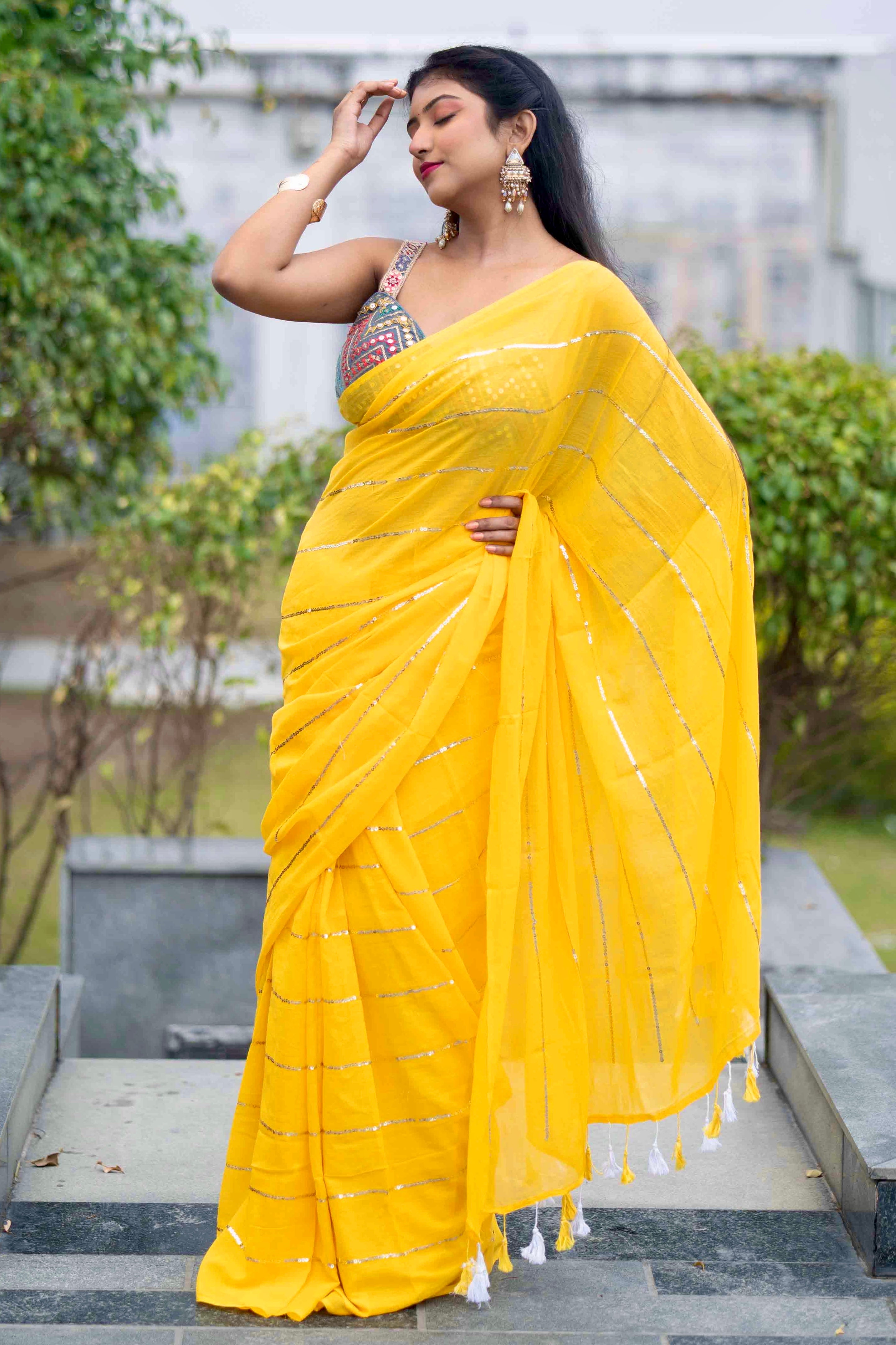 Yellow Sequence Work Pure Mulmul Cotton Saree
