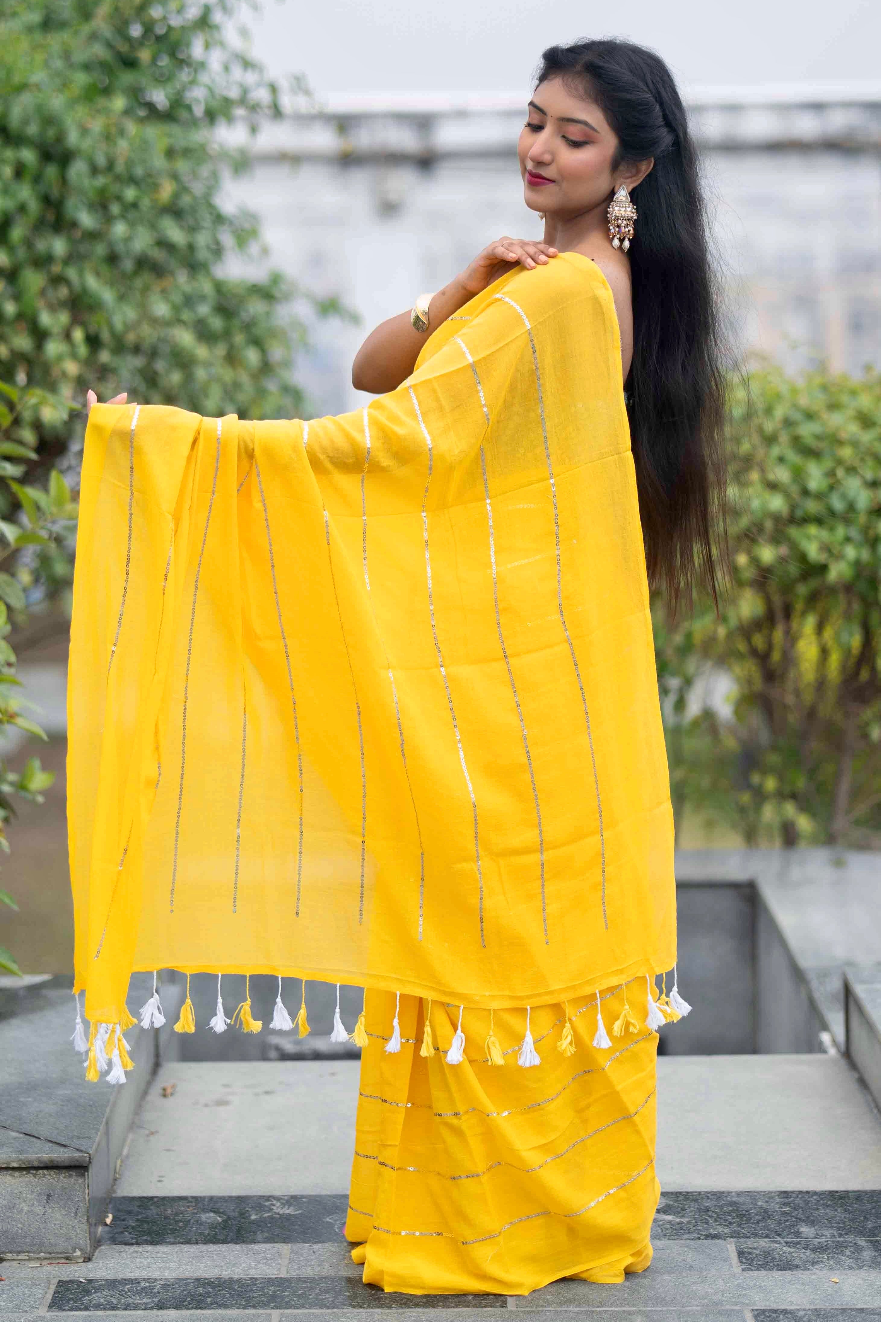 Yellow Sequence Work Pure Mulmul Cotton Saree
