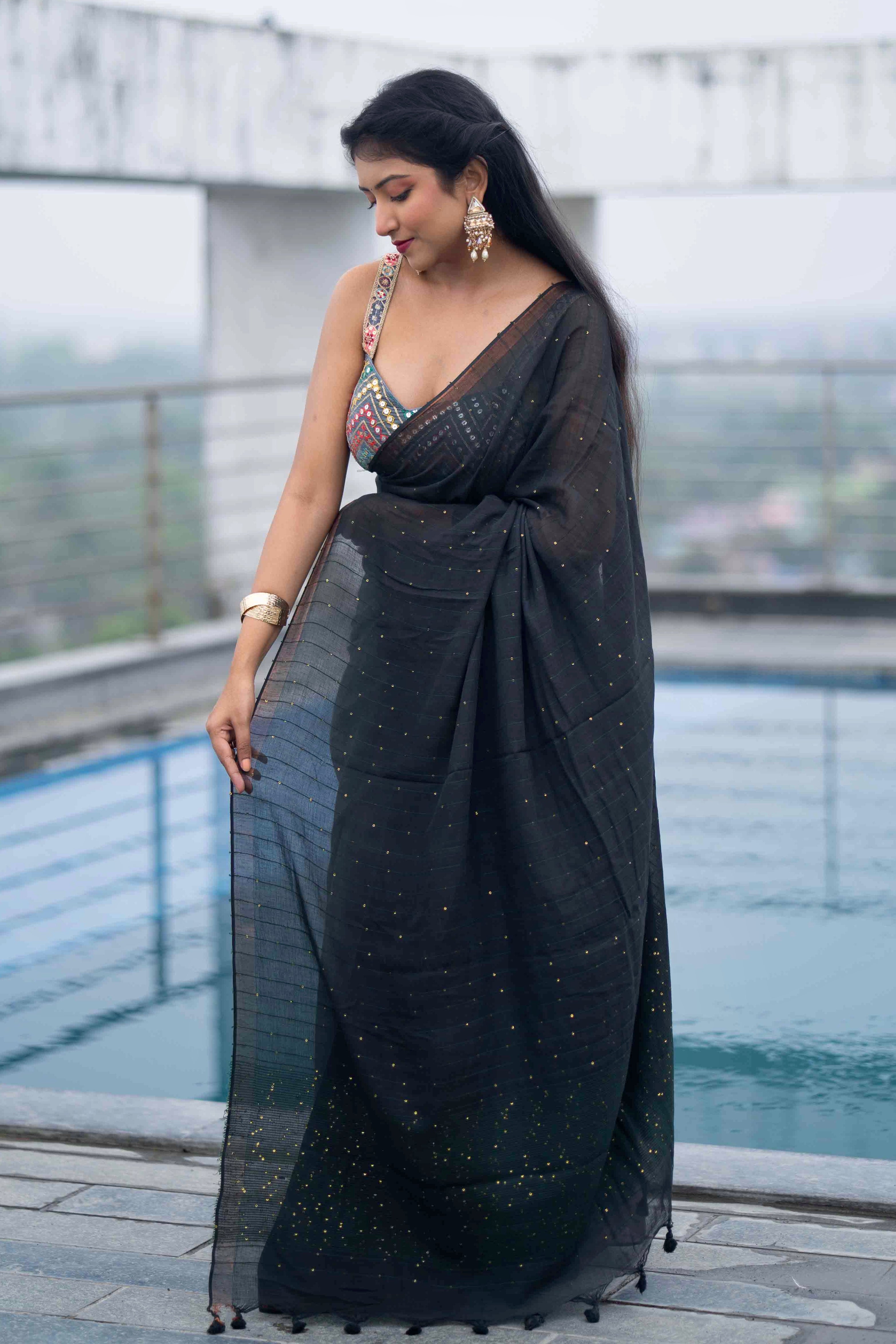 Black Green Sequence Work Pure Mulmul Cotton Saree