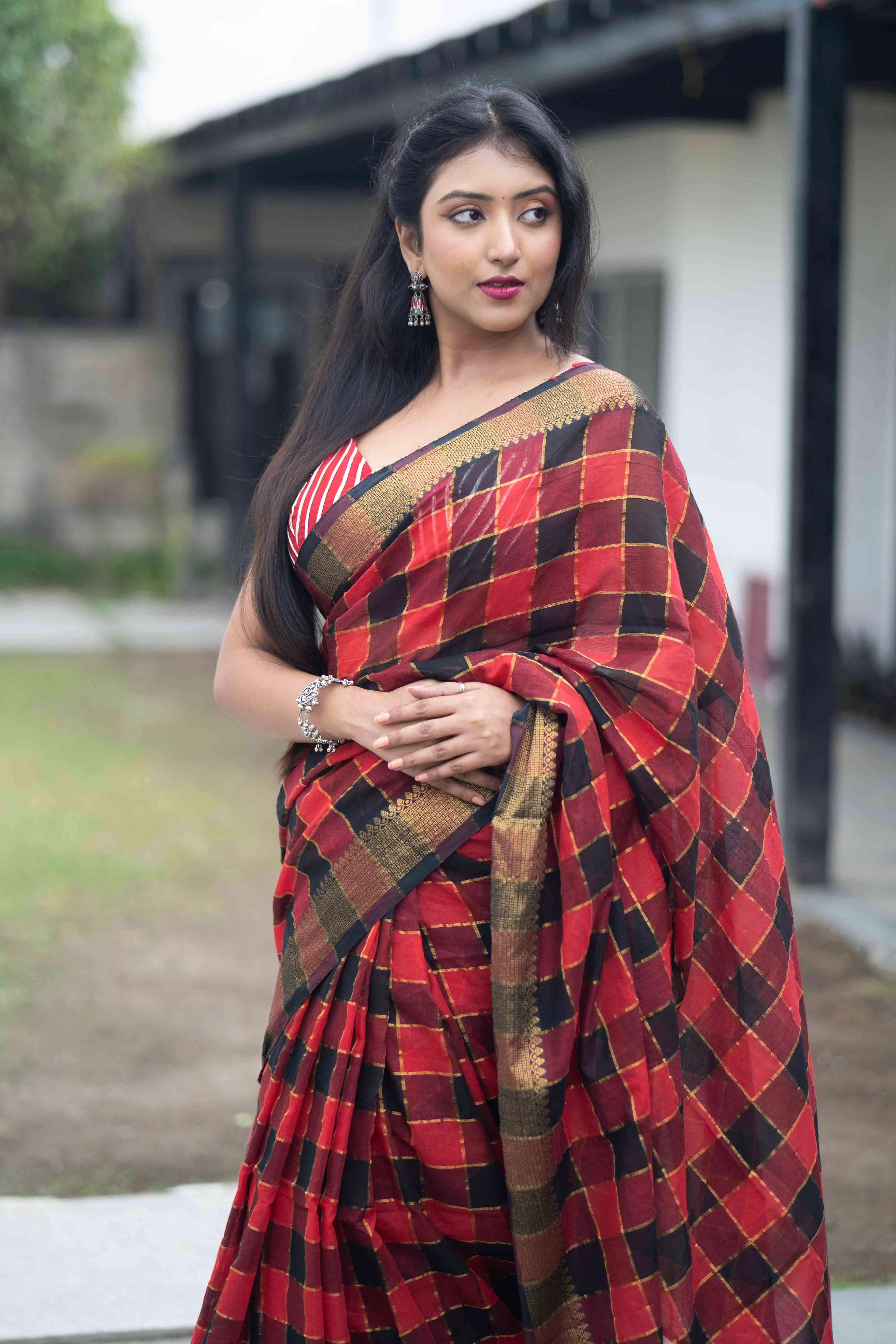 Red & Black Box Check Mulmul Cotton Saree – Golden Zari