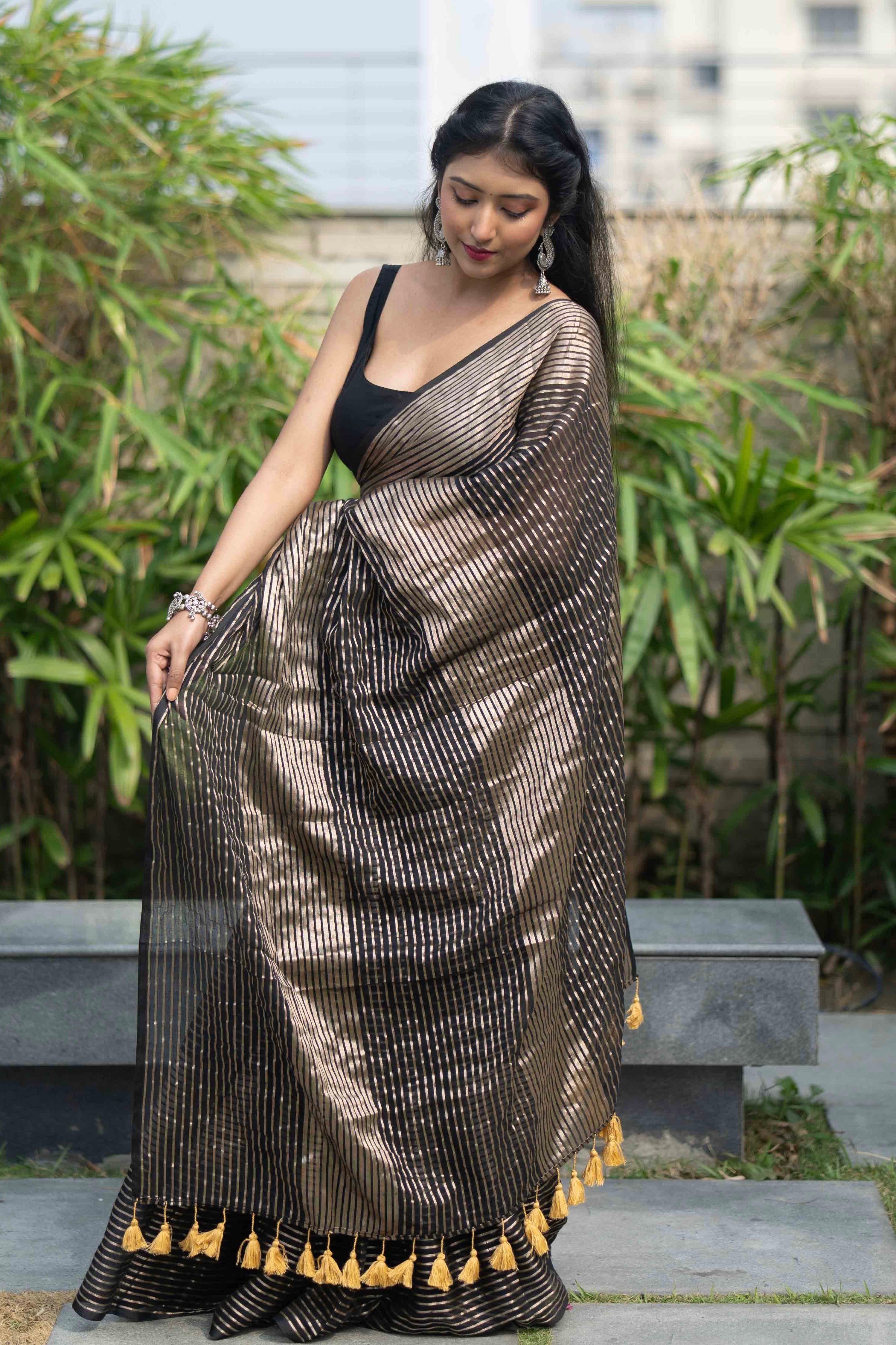 Black Mulmul Cotton Saree with Pale Gold Zari Checks