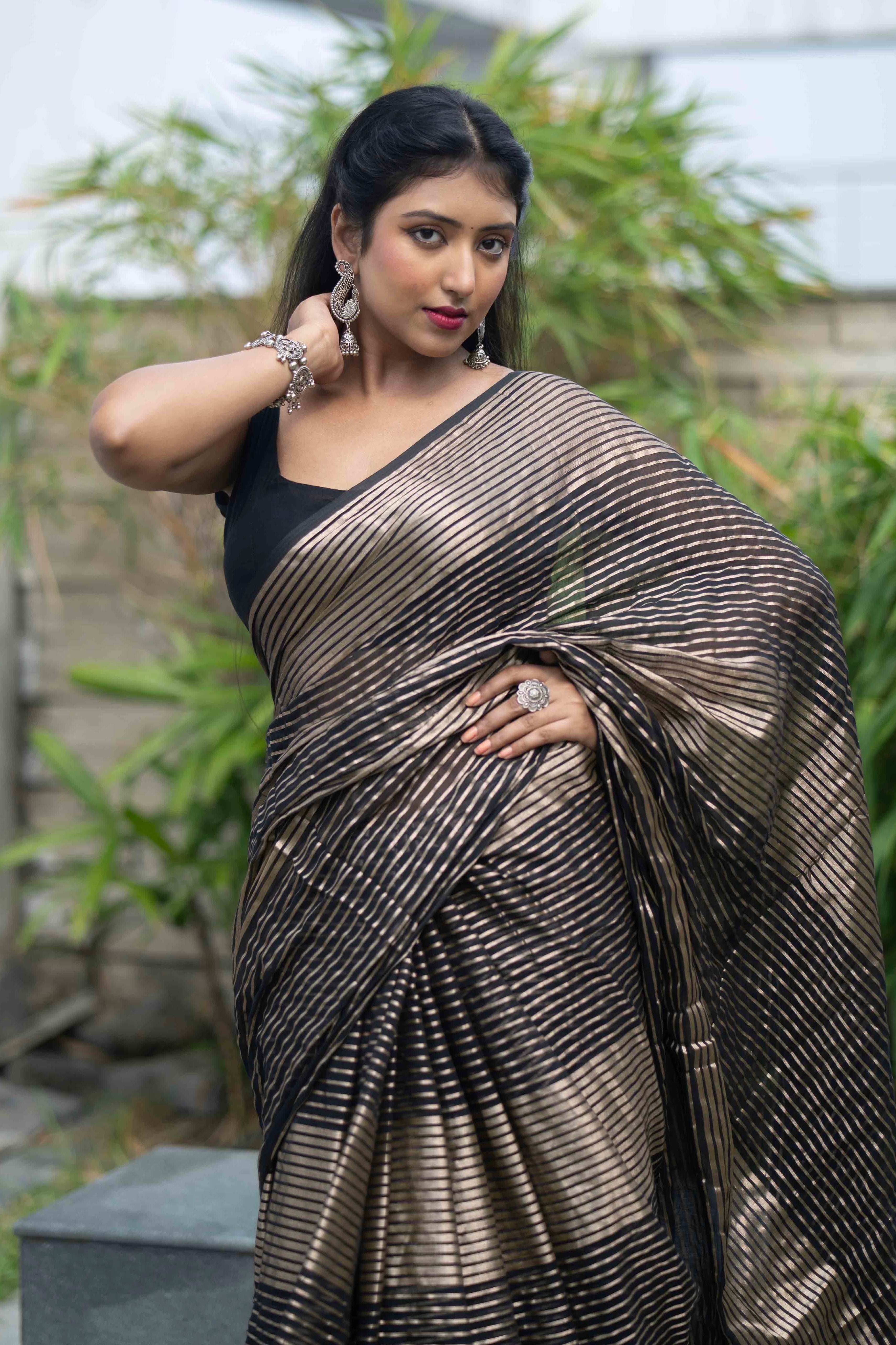 Black Mulmul Cotton Saree with Pale Gold Zari Checks