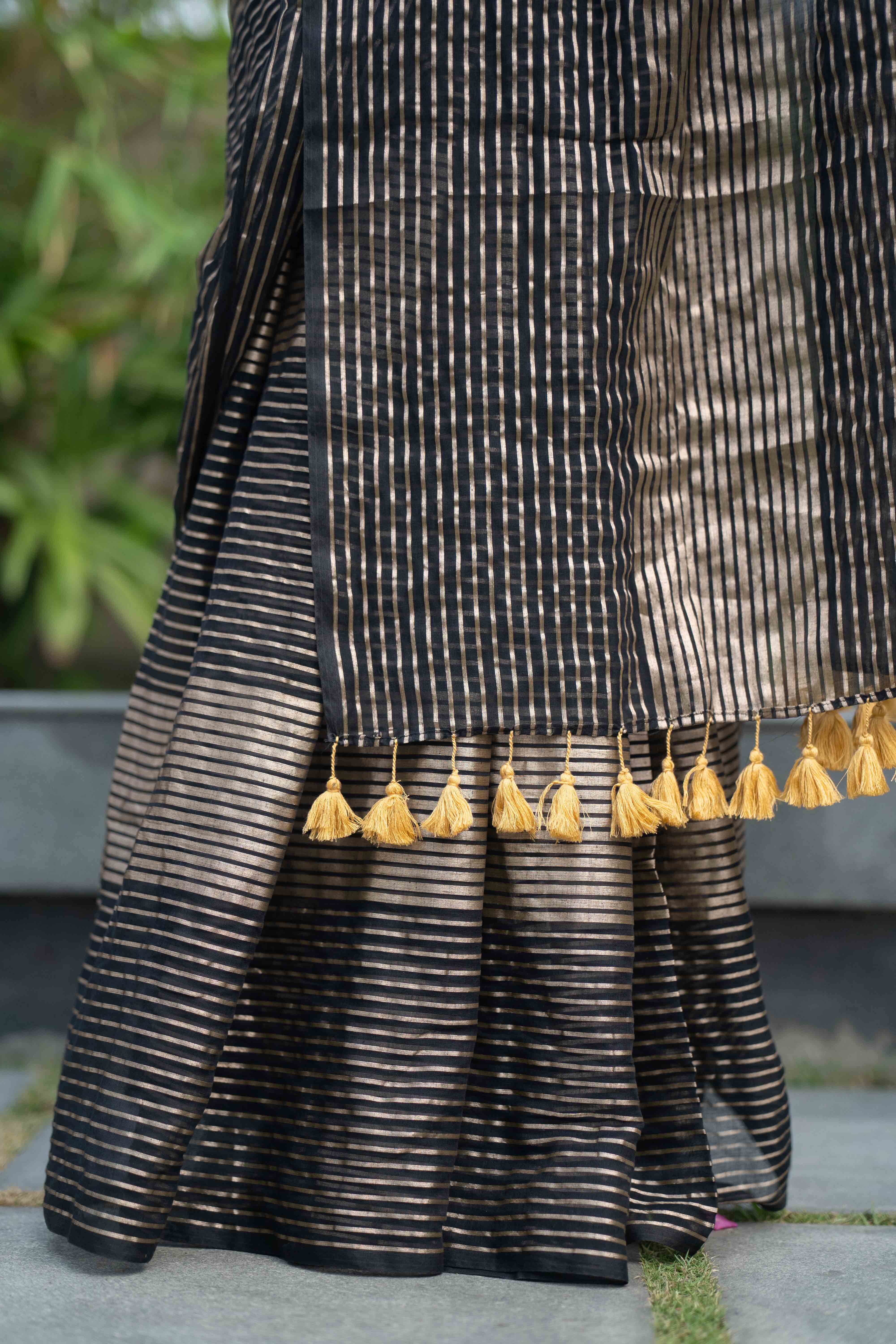 Black Mulmul Cotton Saree with Pale Gold Zari Checks