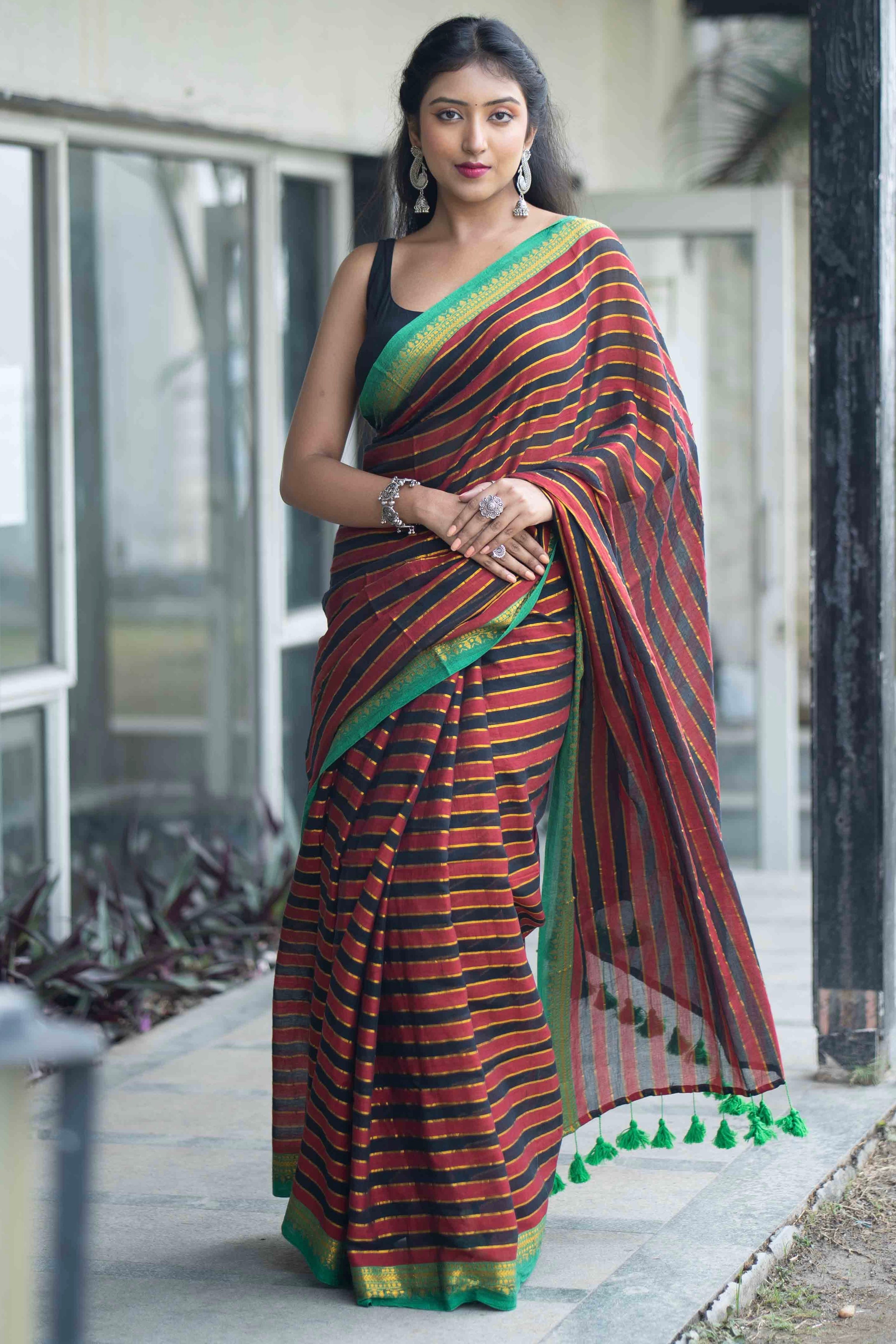Maroon Black Mulmul Cotton Saree with Golden Zari Checks with blouse piece