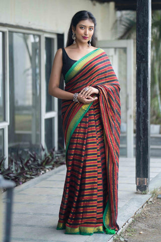 Maroon Black Mulmul Cotton Saree with Golden Zari stripes