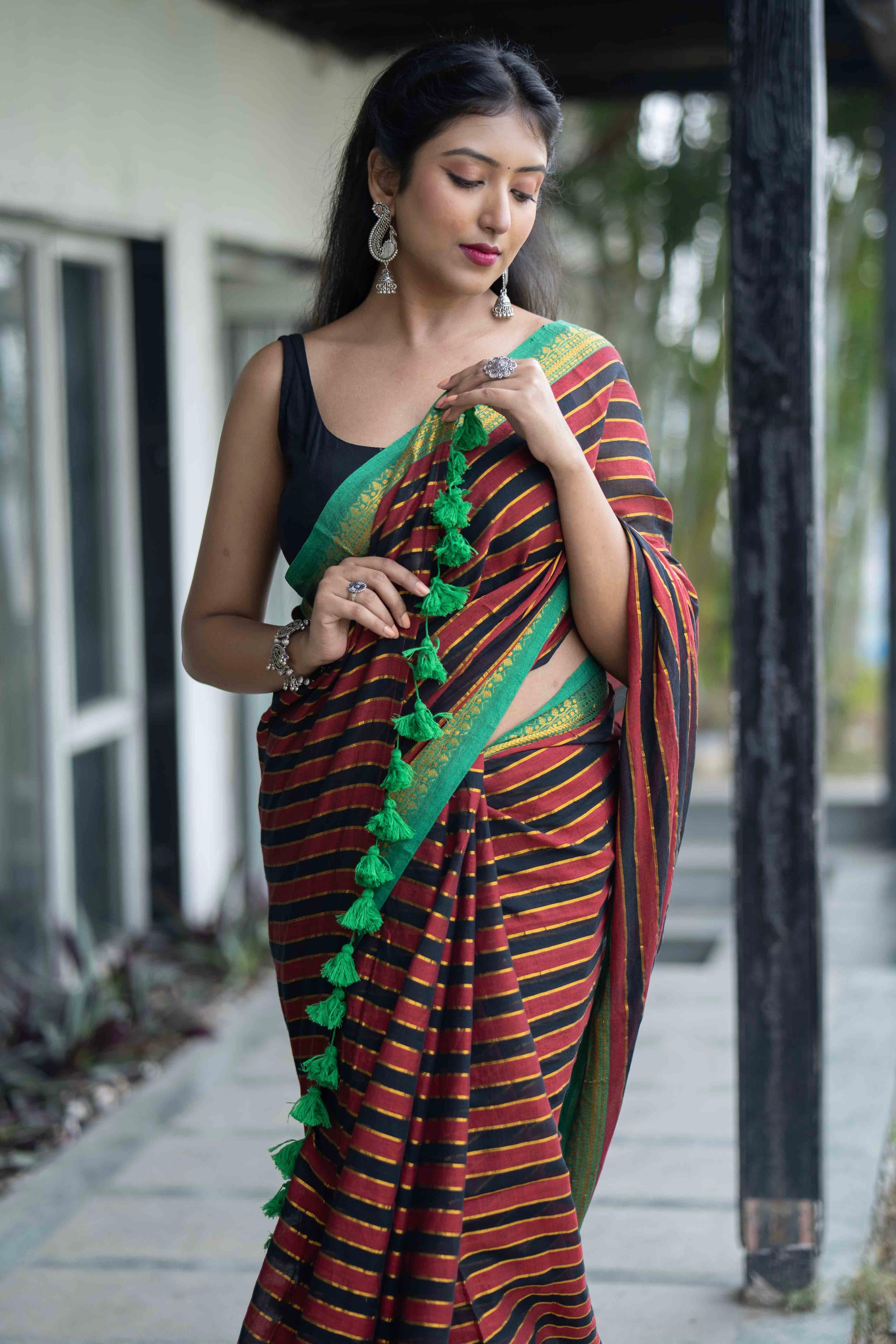Maroon Black Mulmul Cotton Saree with Golden Zari Checks with blouse piece