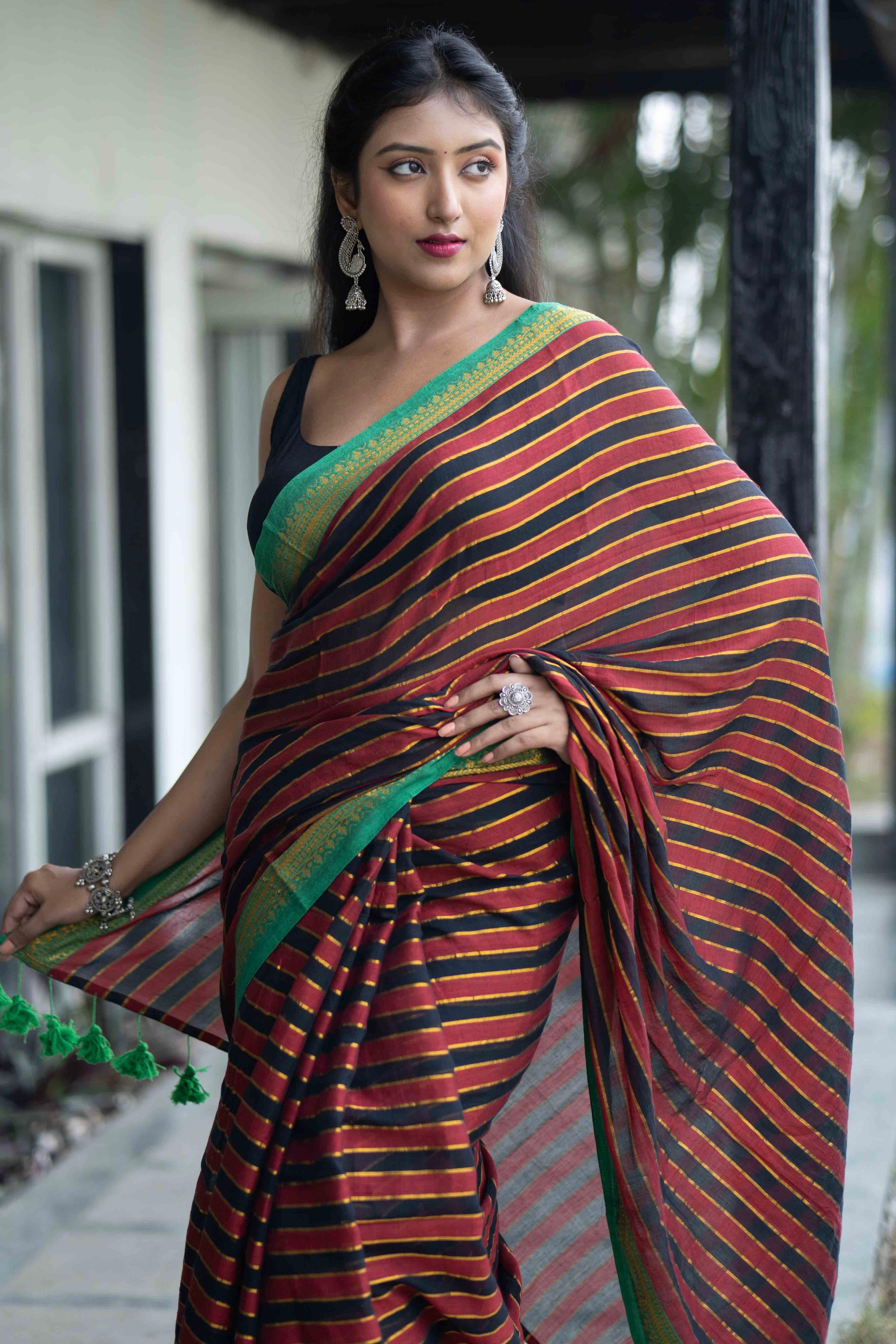 Maroon Black Mulmul Cotton Saree with Golden Zari Checks with blouse piece