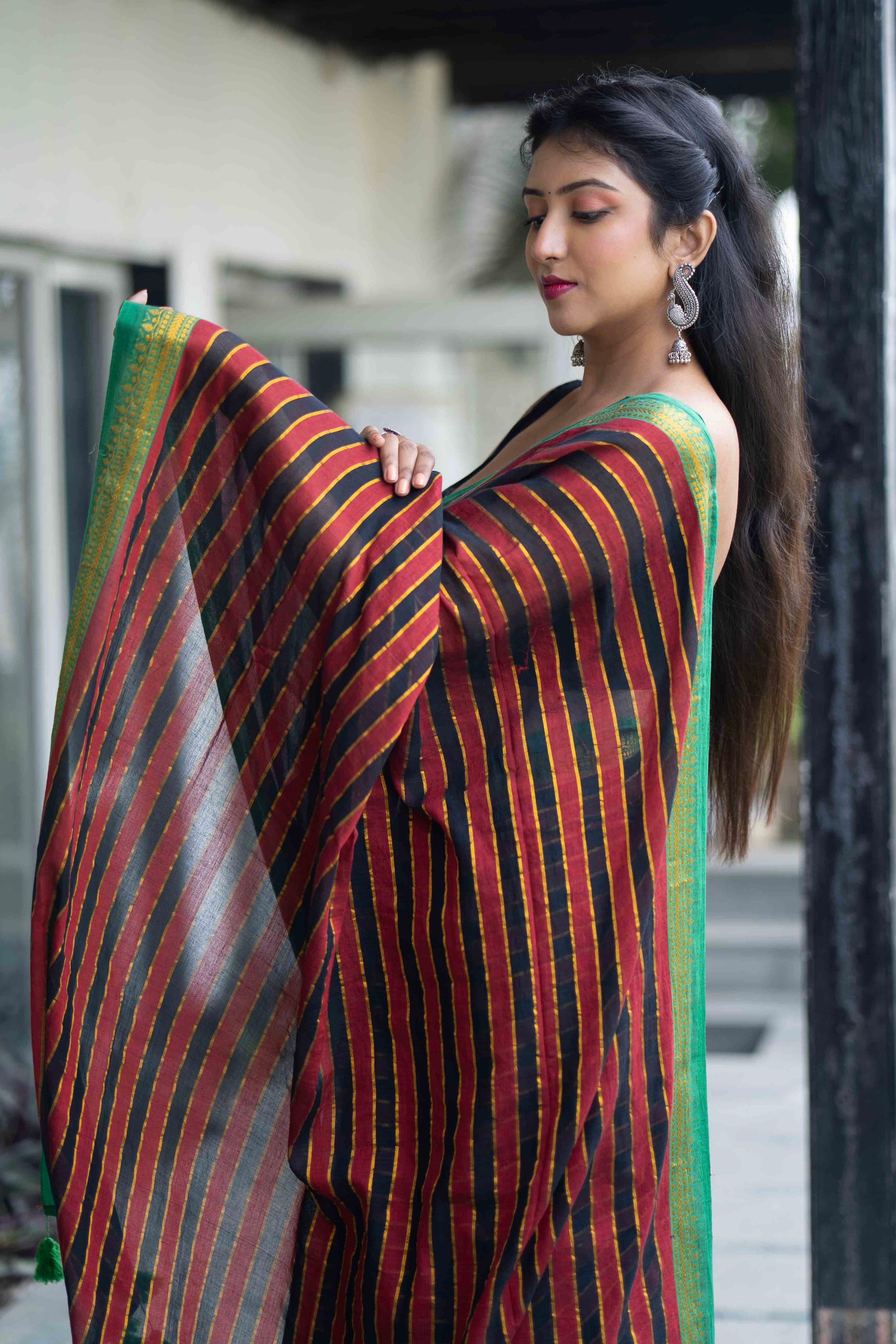 Maroon Black Mulmul Cotton Saree with Golden Zari Checks with blouse piece