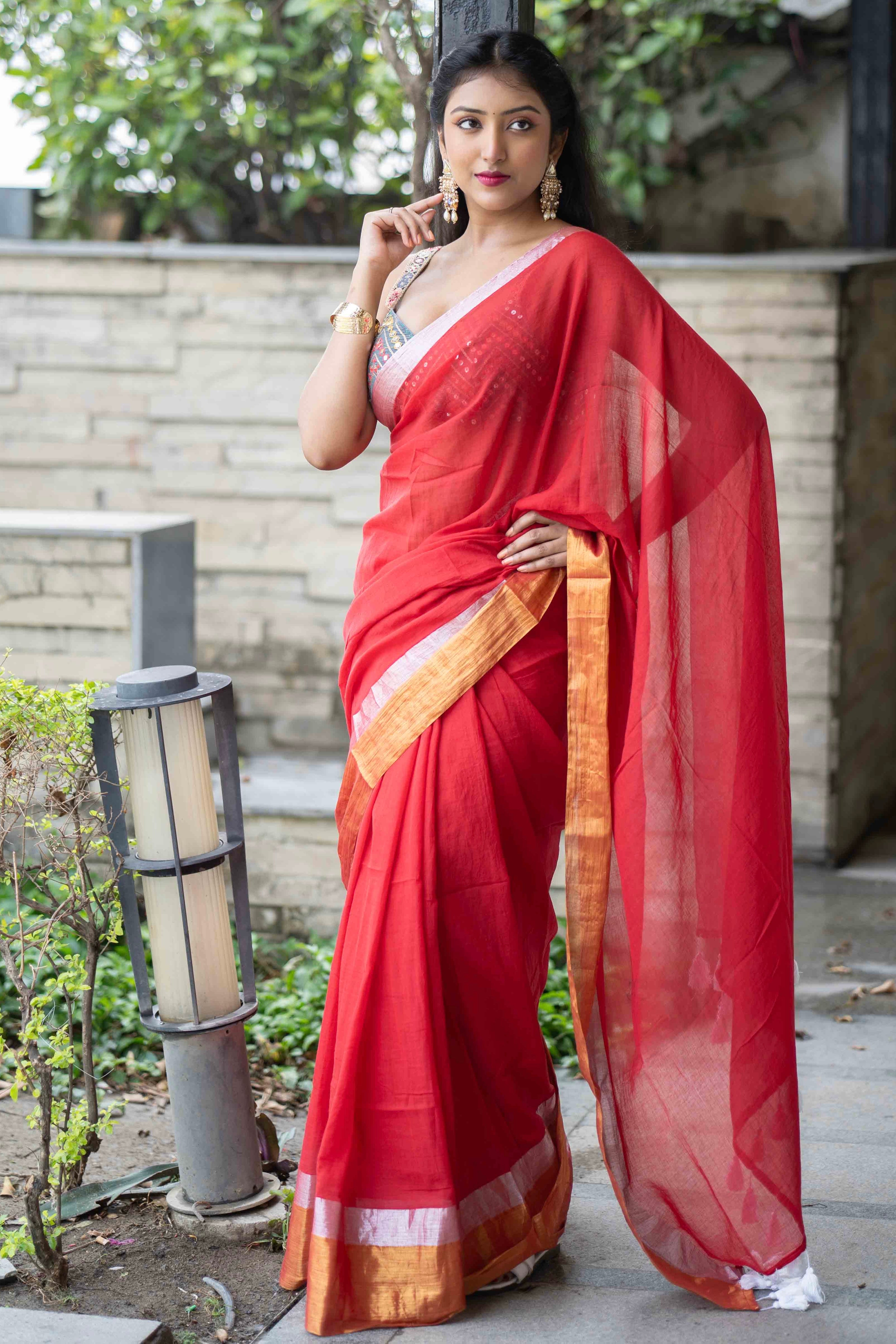 Red Mulmul Cotton Saree with Golden & Silver Zari Border