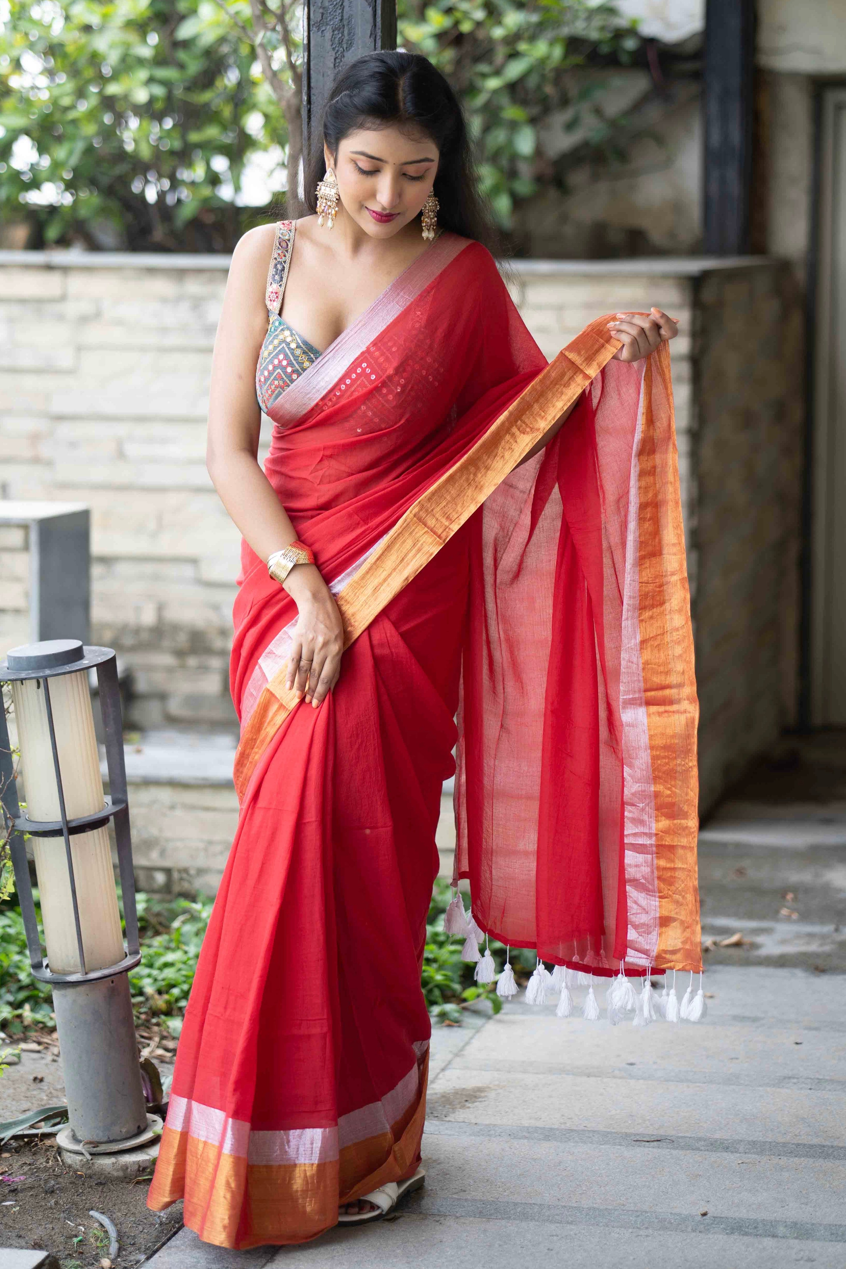 Red Mulmul Cotton Saree with Golden & Silver Zari Border