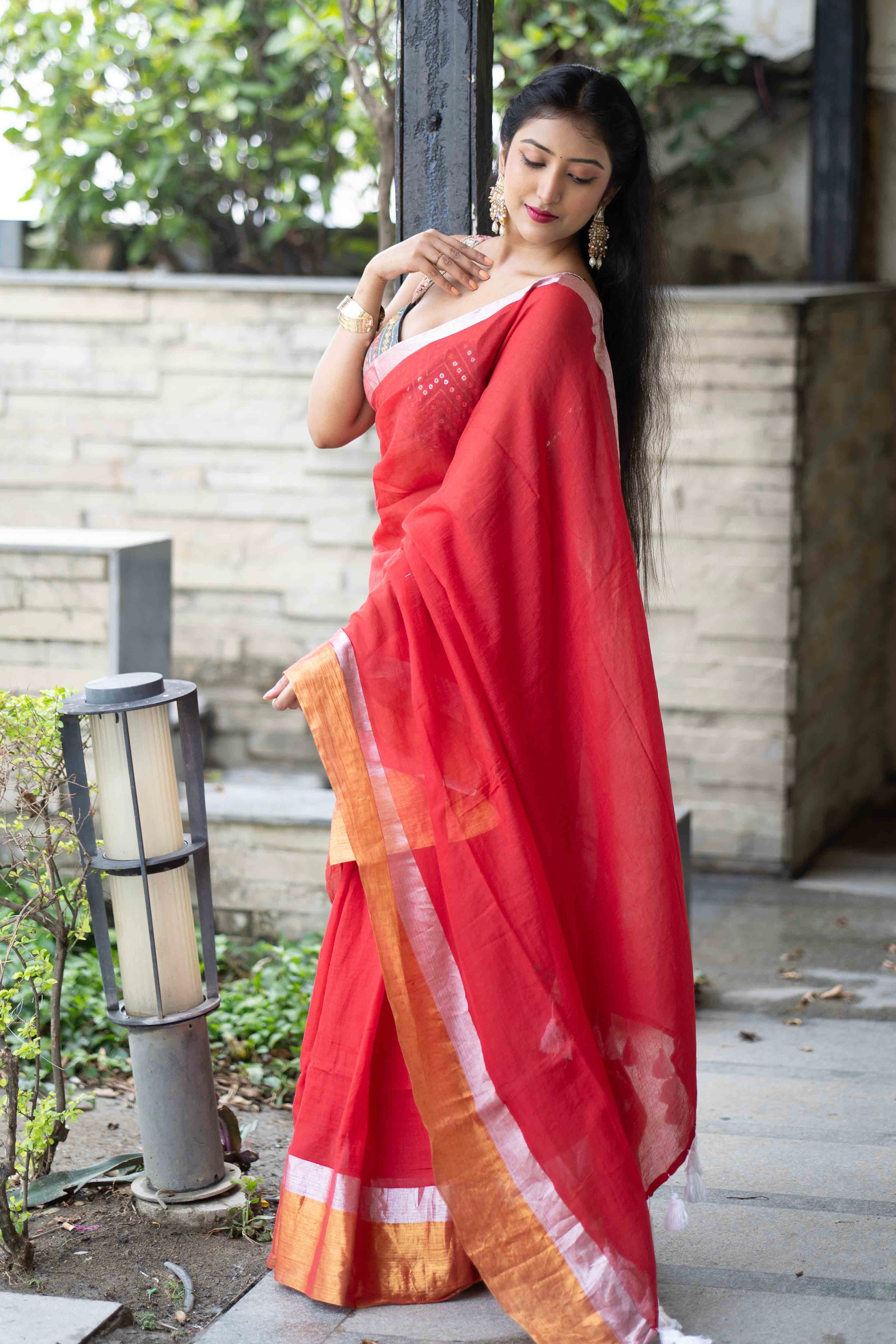 Red Mulmul Cotton Saree with Golden & Silver Zari Border