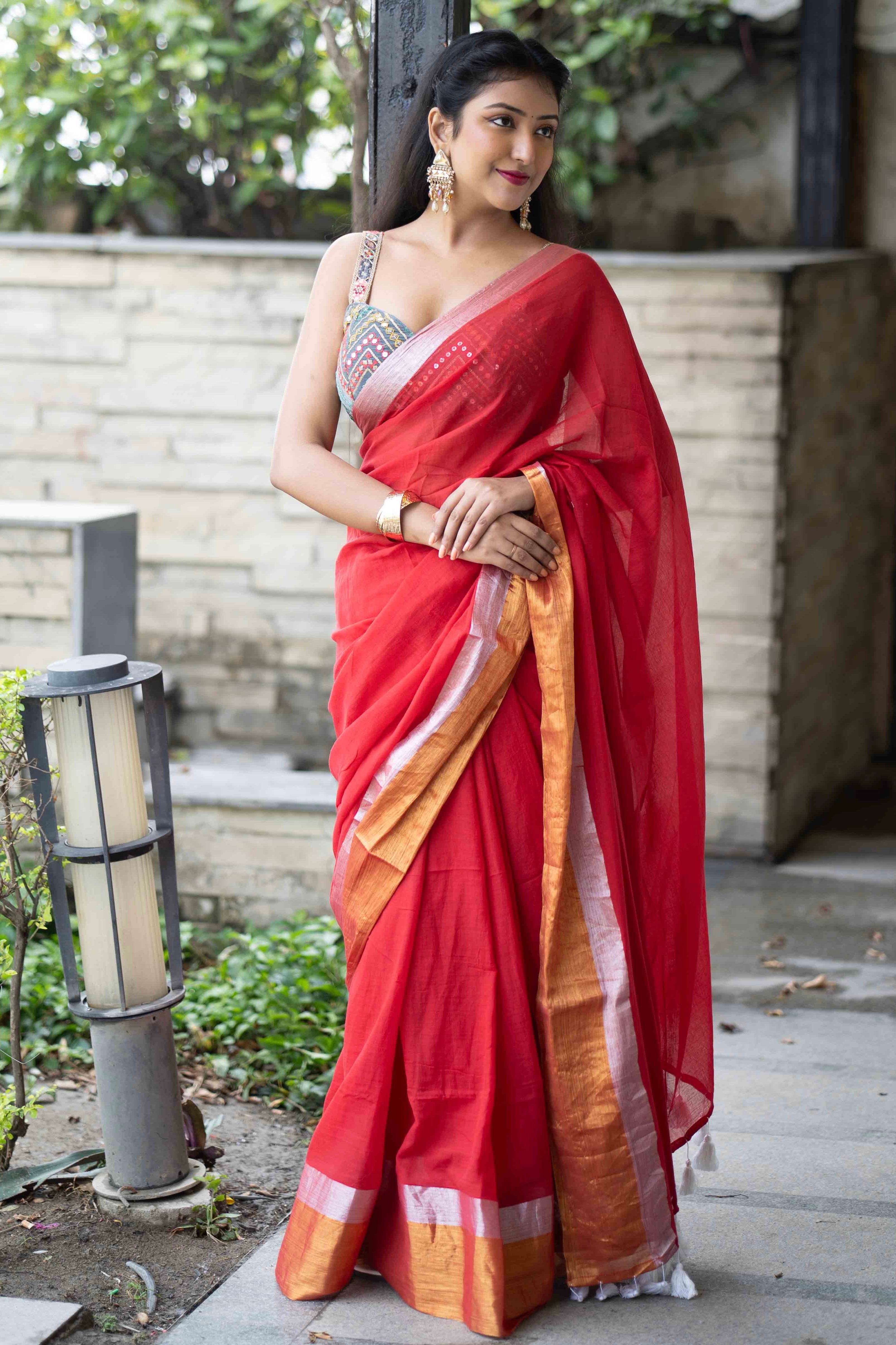 Red Mulmul Cotton Saree with Golden & Silver Zari Border