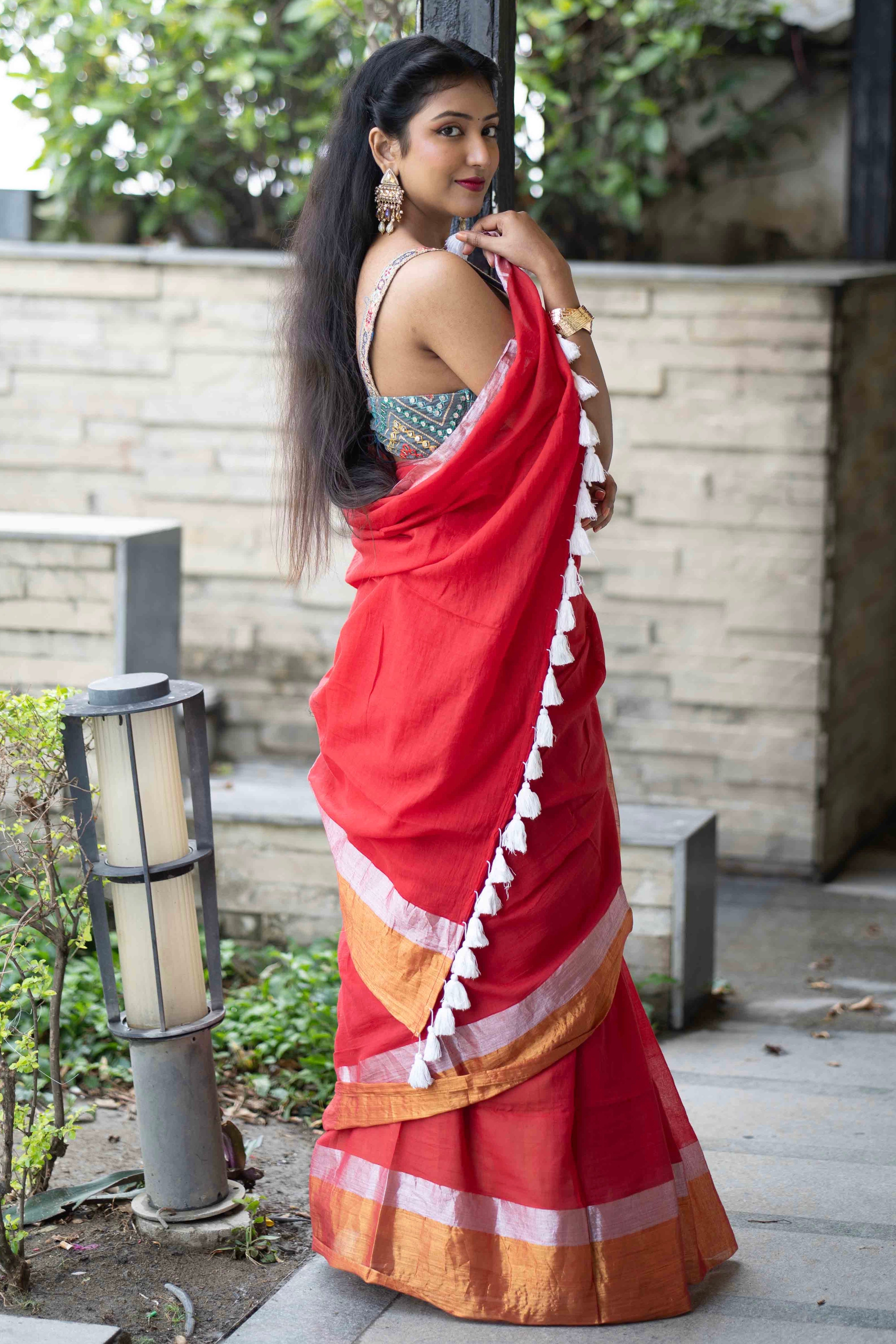 Red Mulmul Cotton Saree with Golden & Silver Zari Border