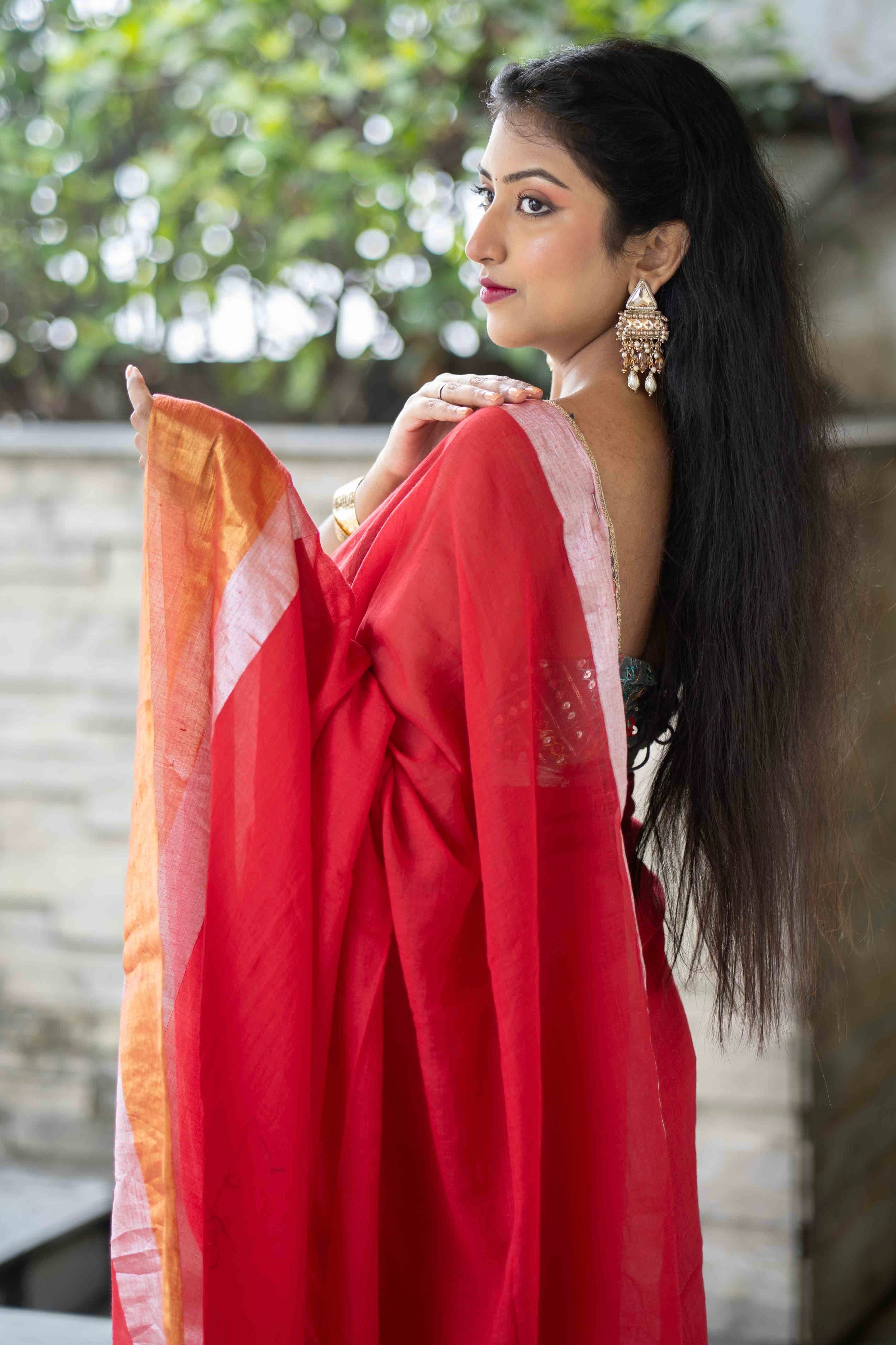 Red Mulmul Cotton Saree with Golden & Silver Zari Border