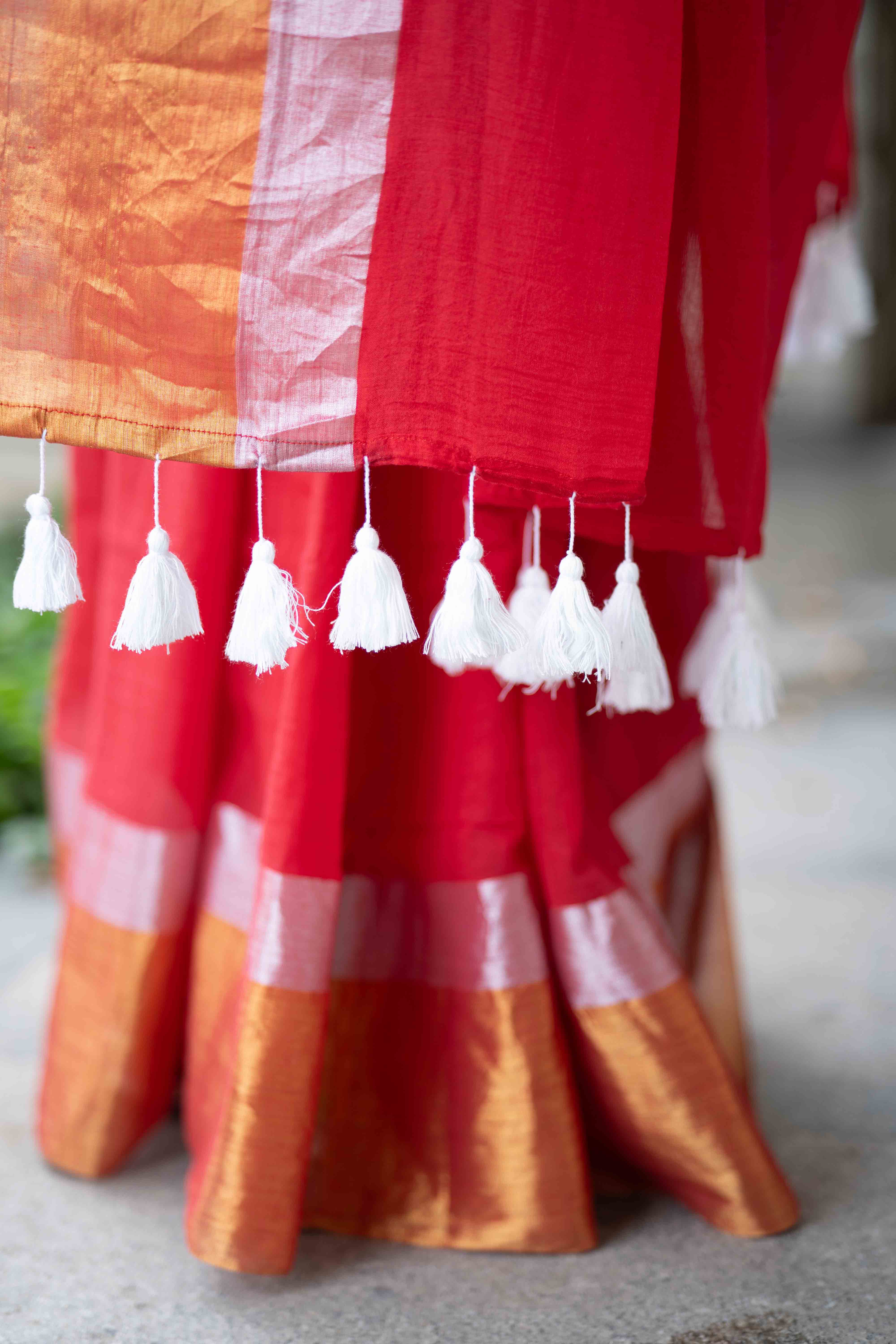 Red Mulmul Cotton Saree with Golden & Silver Zari Border