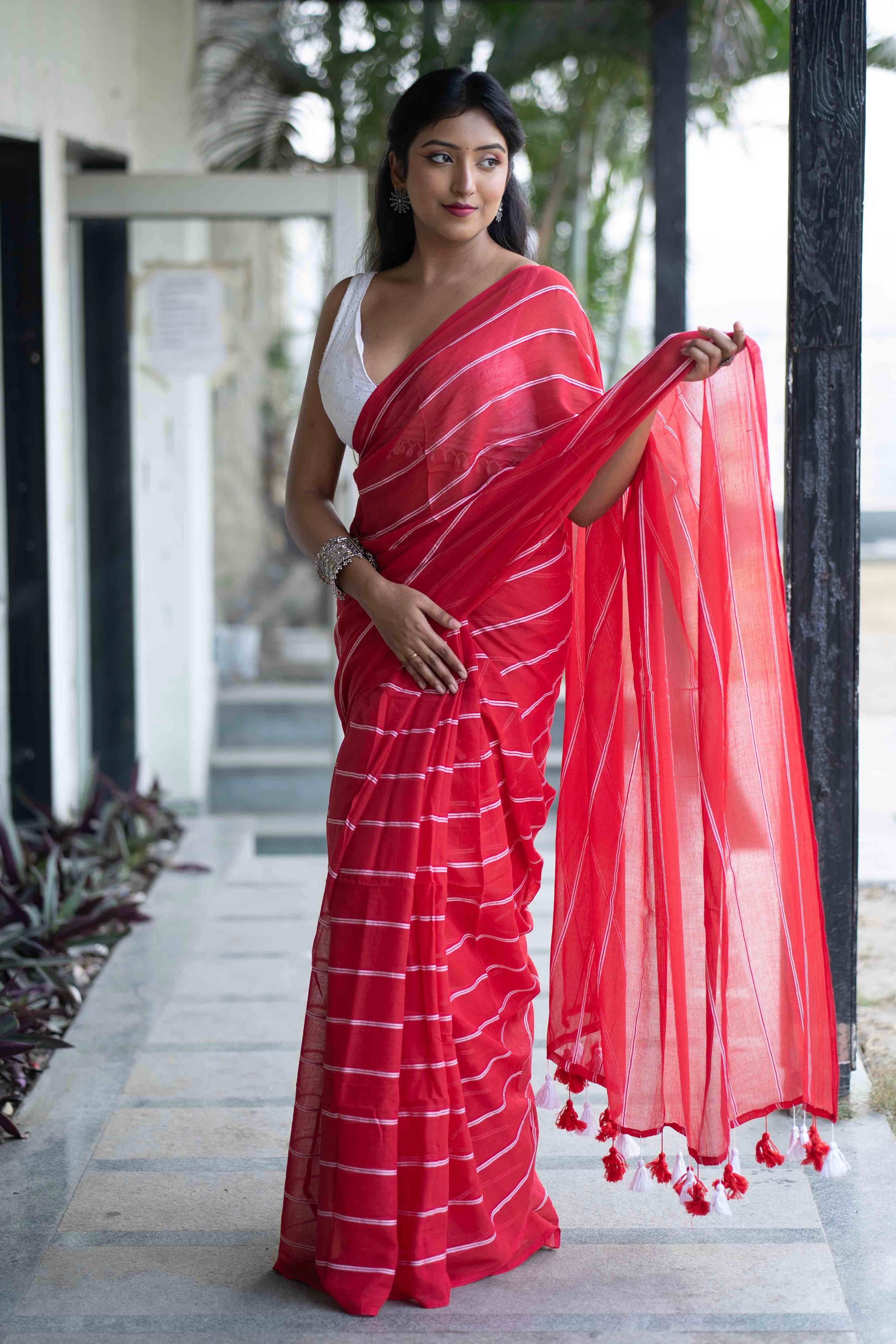 Red Mulmul Cotton Check Saree with White Stripes