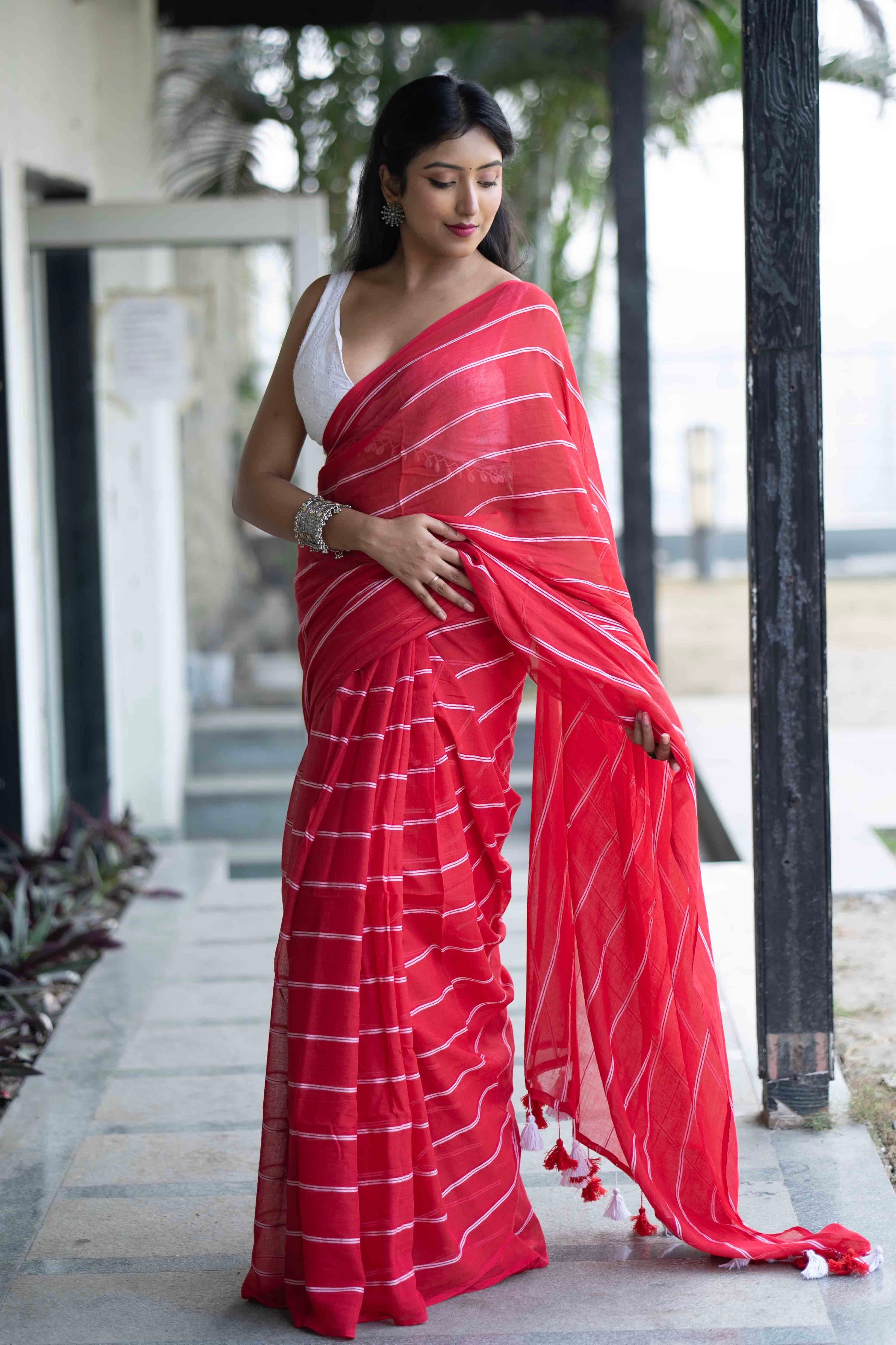 Red Mulmul Cotton Check Saree with White Stripes