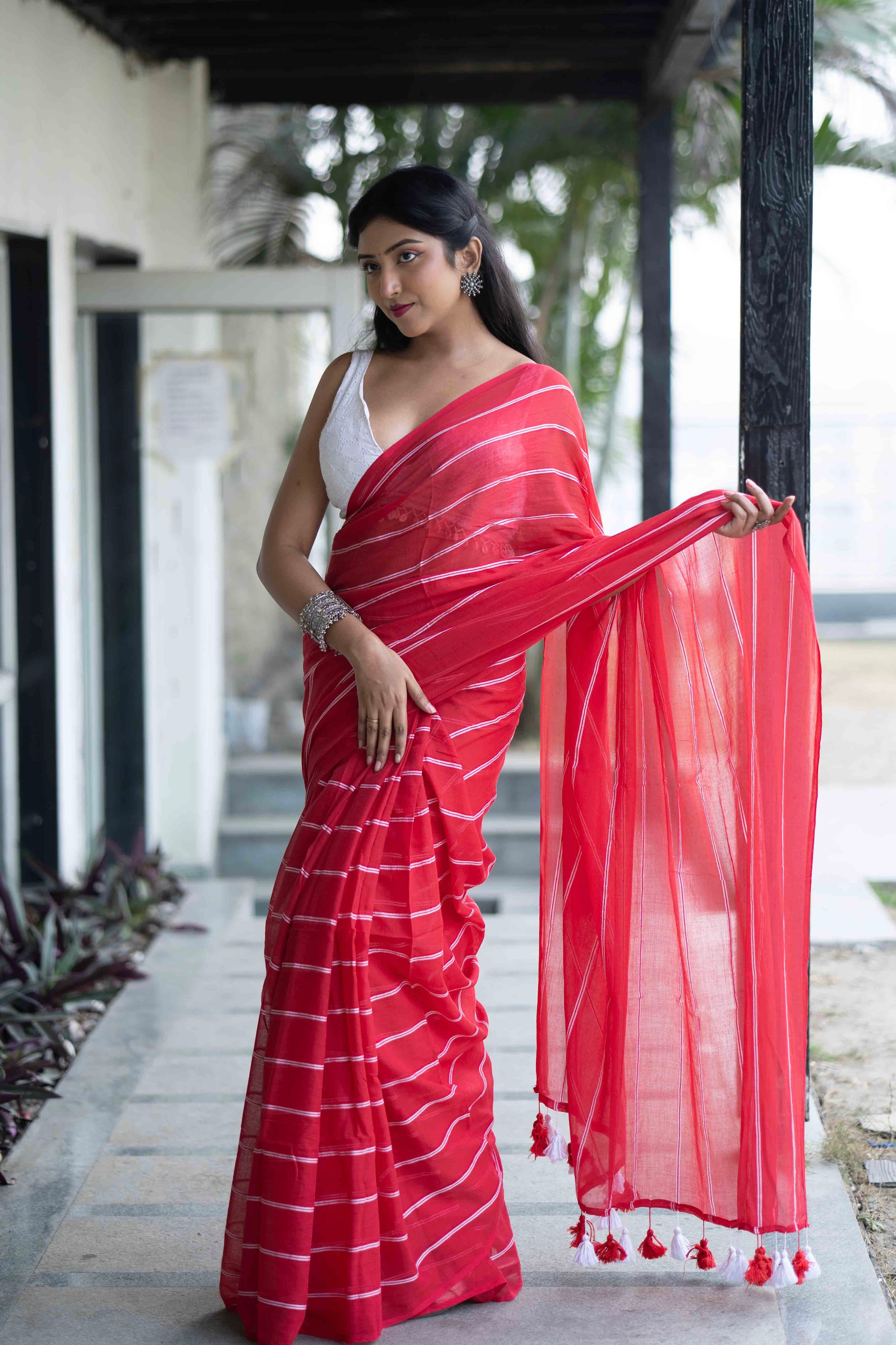 Red Mulmul Cotton Check Saree with White Stripes