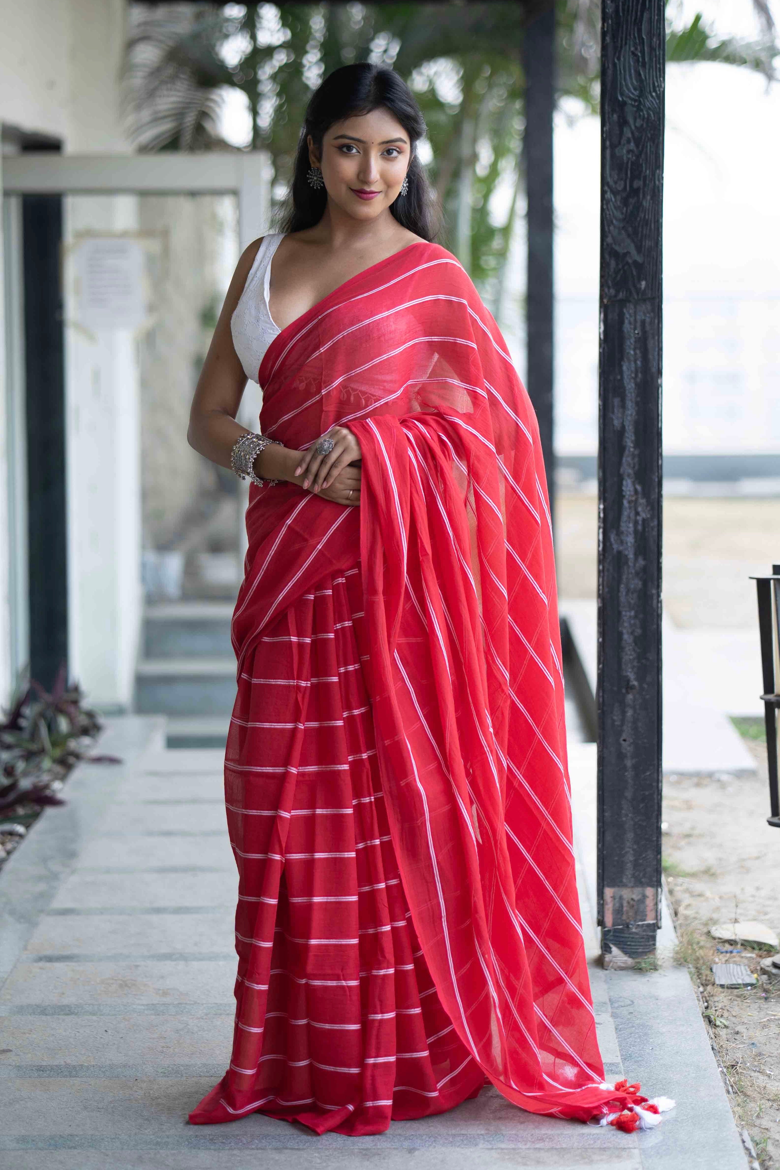 Red Mulmul Cotton Check Saree with White Stripes