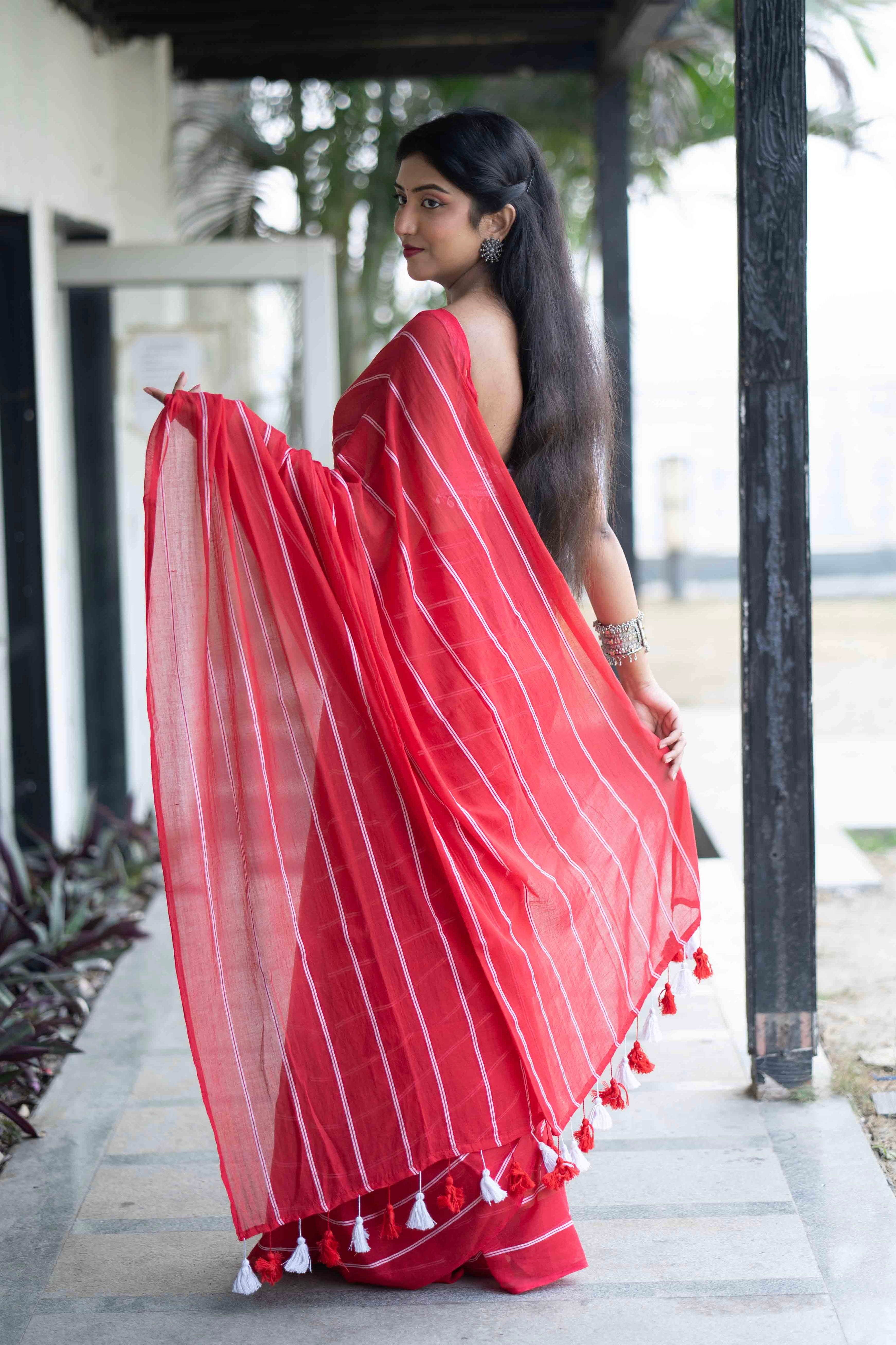 Red Mulmul Cotton Check Saree with White Stripes