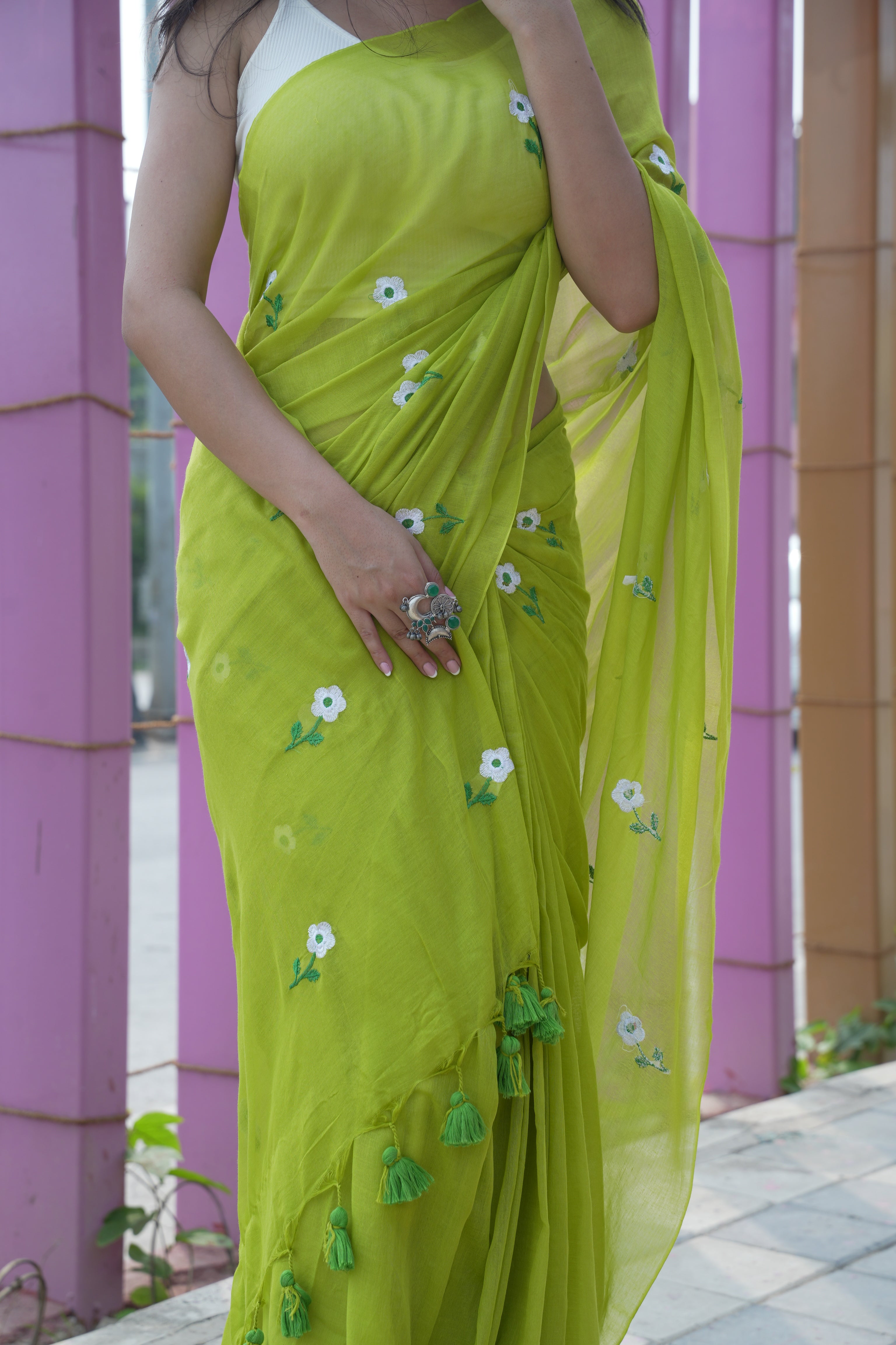Lime green floral embroidery mulmul cotton saree all over embroidery