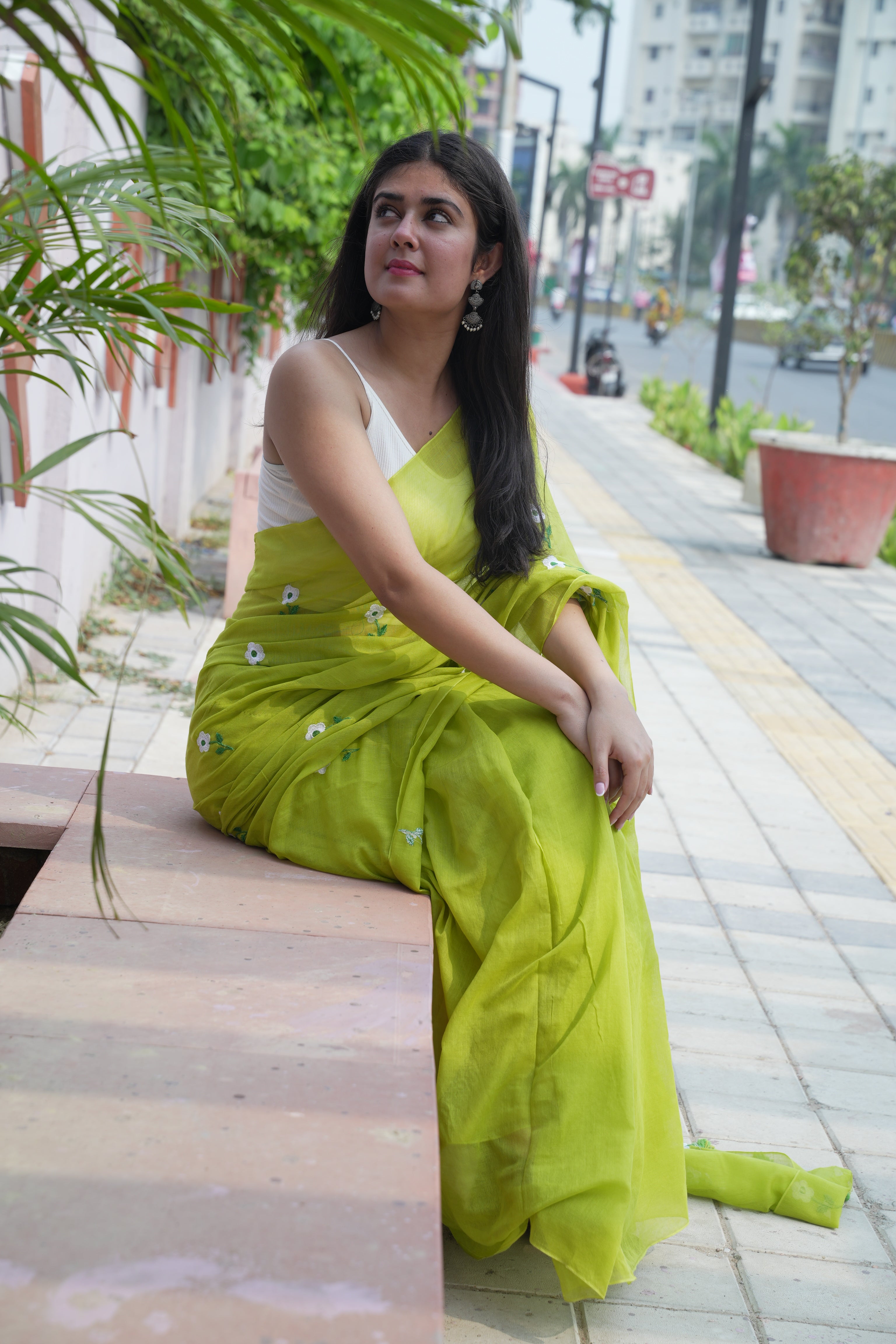 Lime green floral embroidery mulmul cotton saree all over embroidery