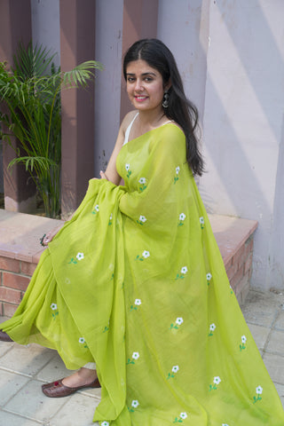 Limegreen allover flowers embroidery mulmul cotton saree with blouse piece