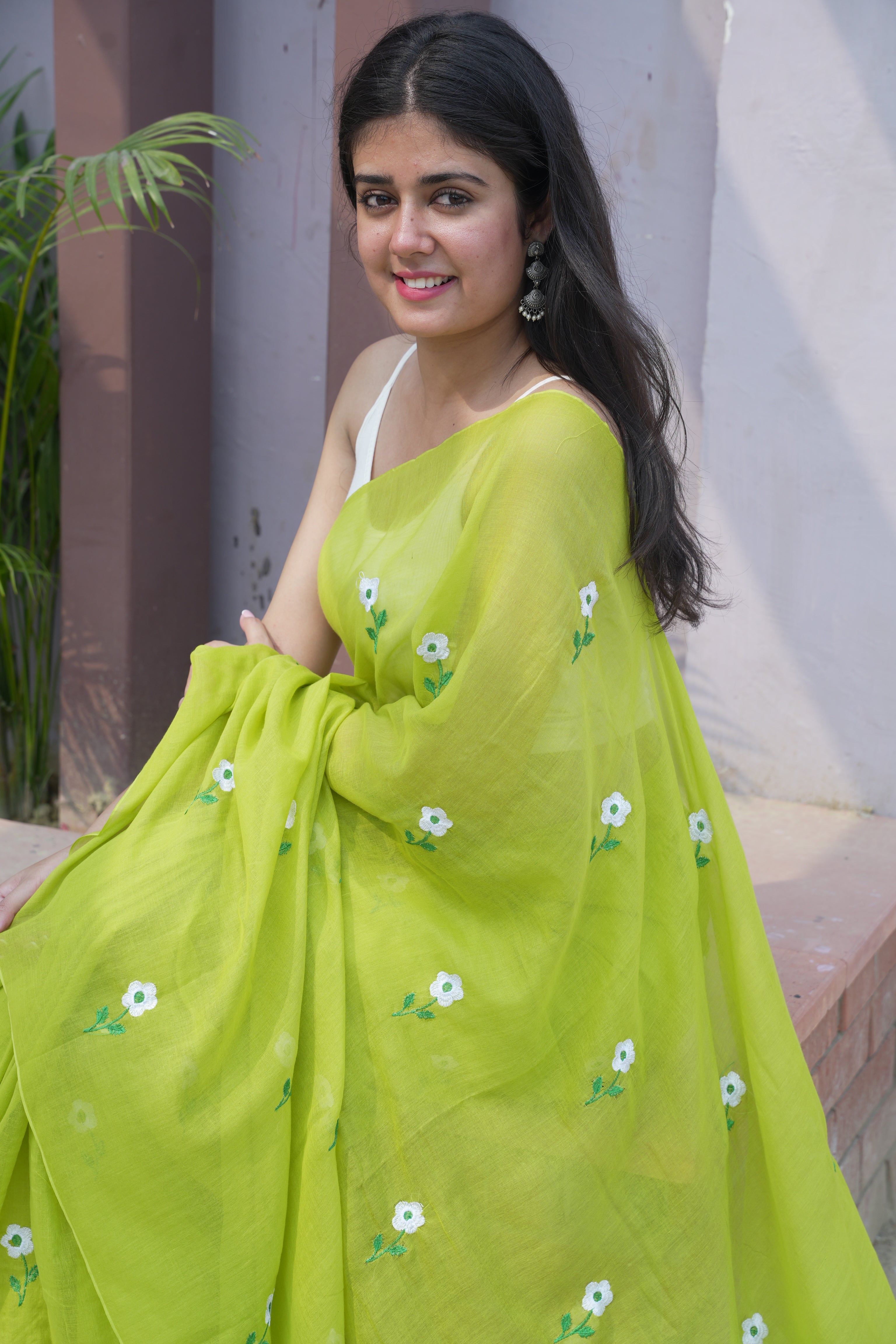 Lime green floral embroidery mulmul cotton saree all over embroidery