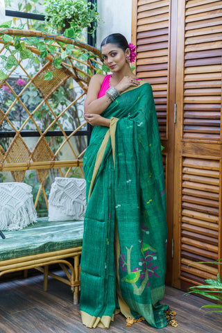 Green Birds Hand Weaving Linen Jamdani Saree with blouse piece
