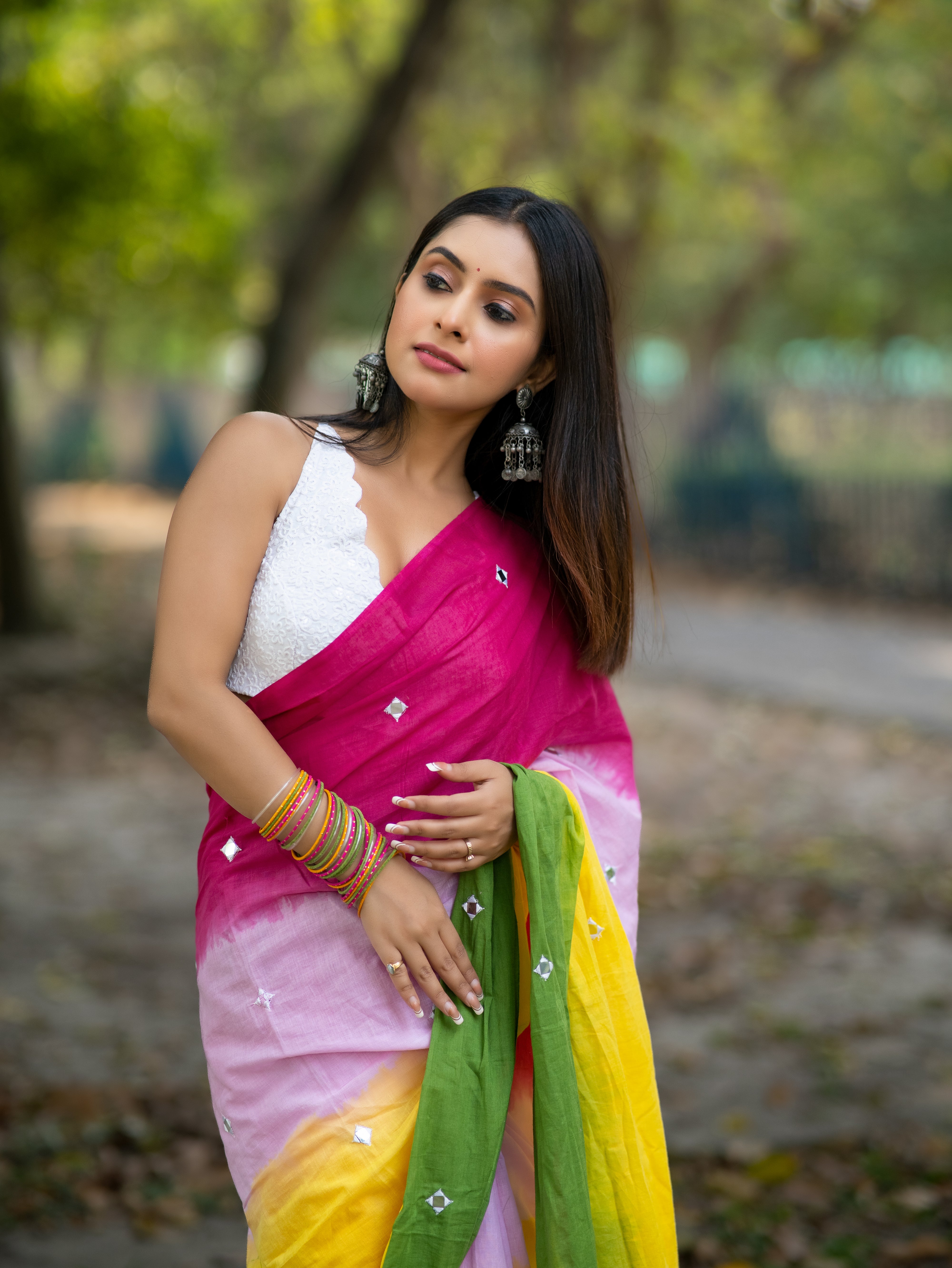 Multicolour Pure Mul Cotton Mirror Work Saree with blouse piece