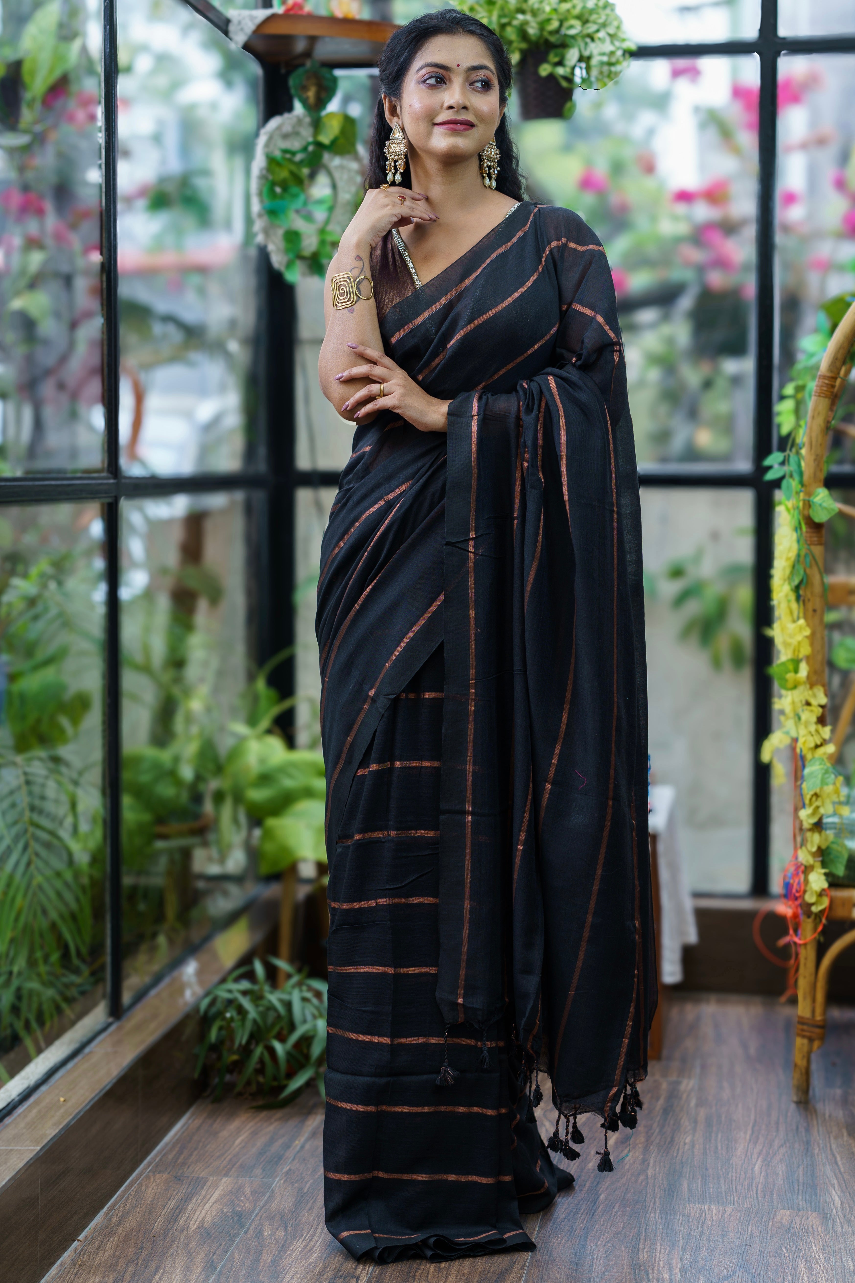 Black pure khadi cotton striped saree