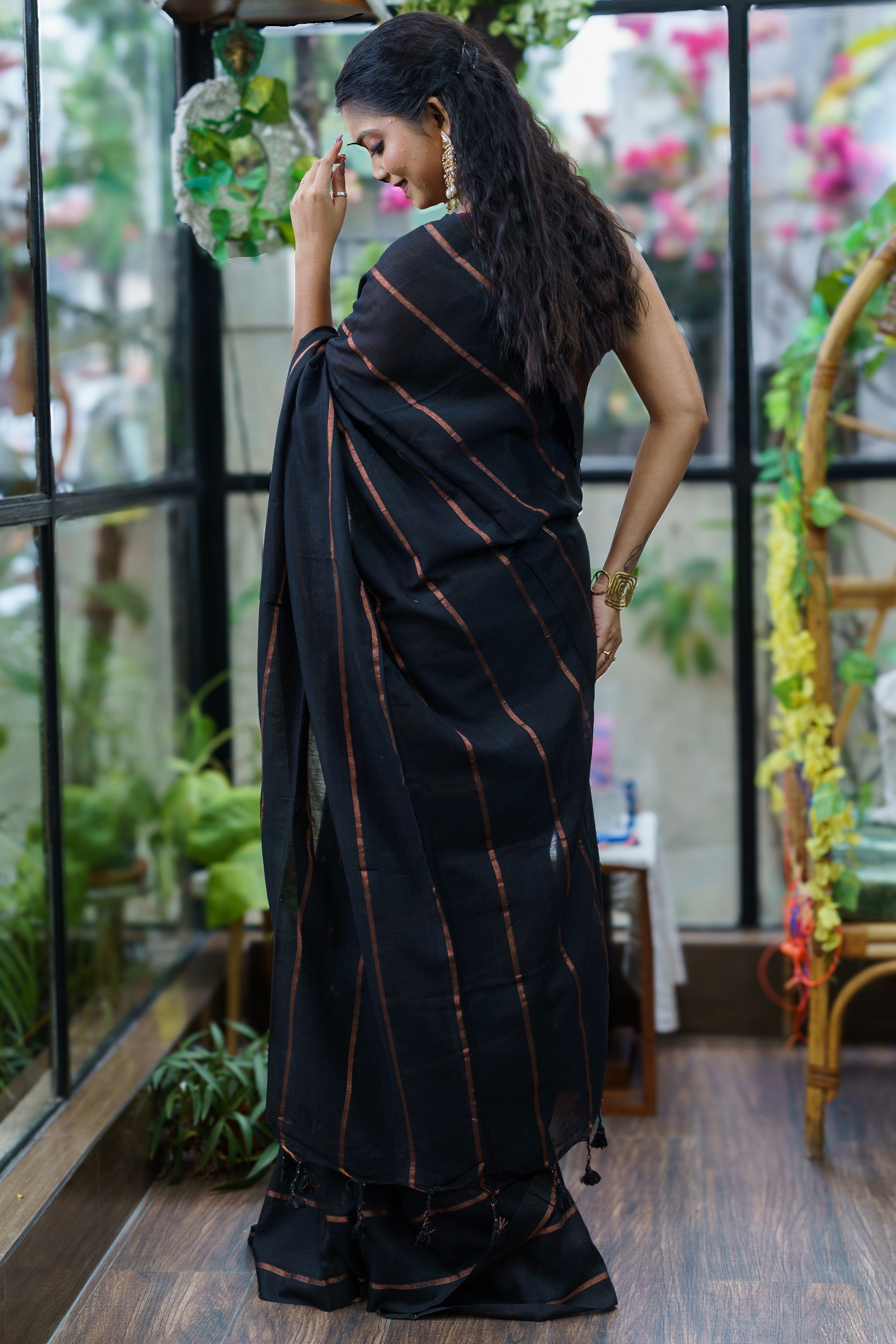 Black pure khadi cotton striped saree