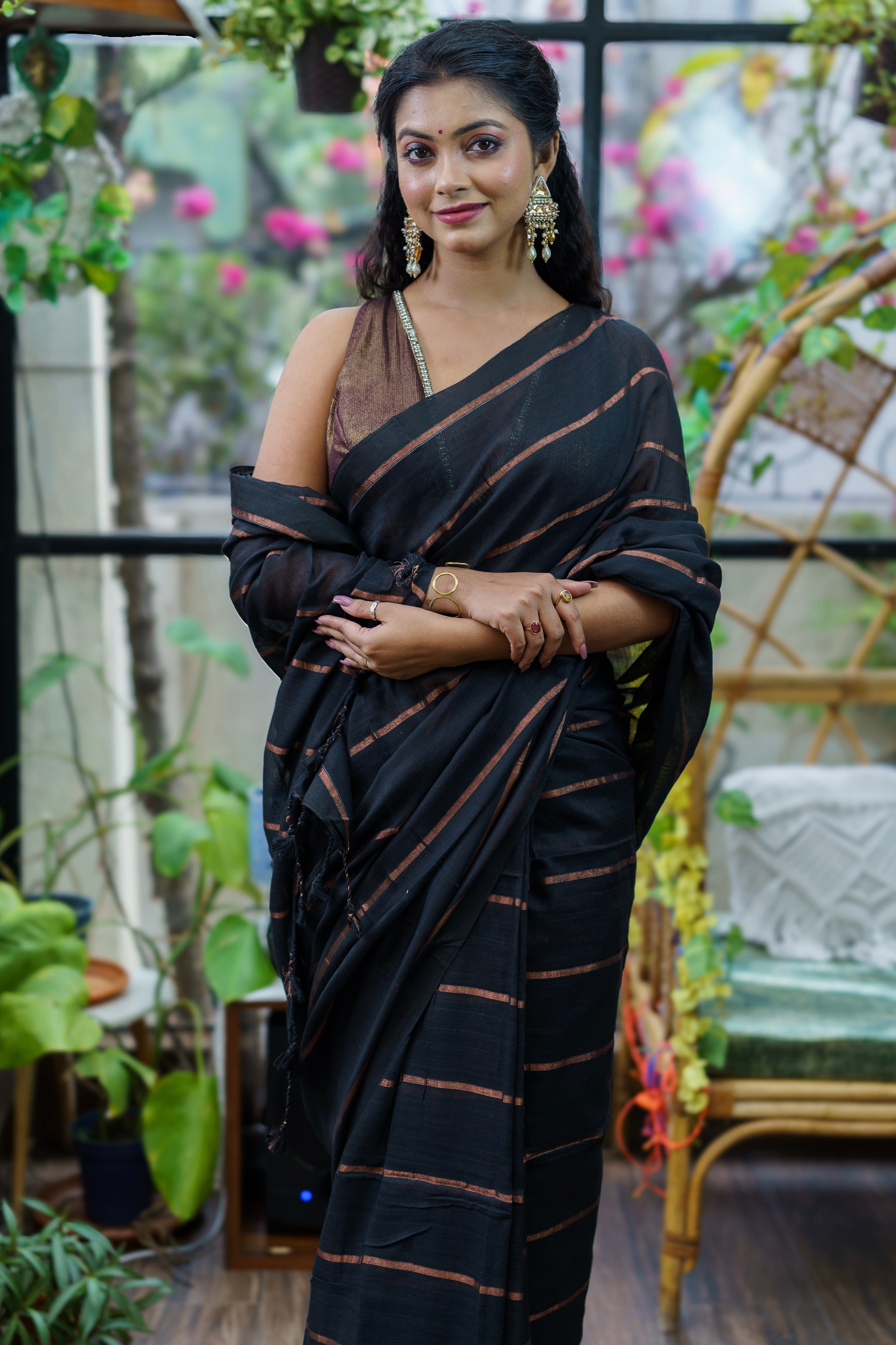 Black golden stripes soft cotton saree with blouse piece