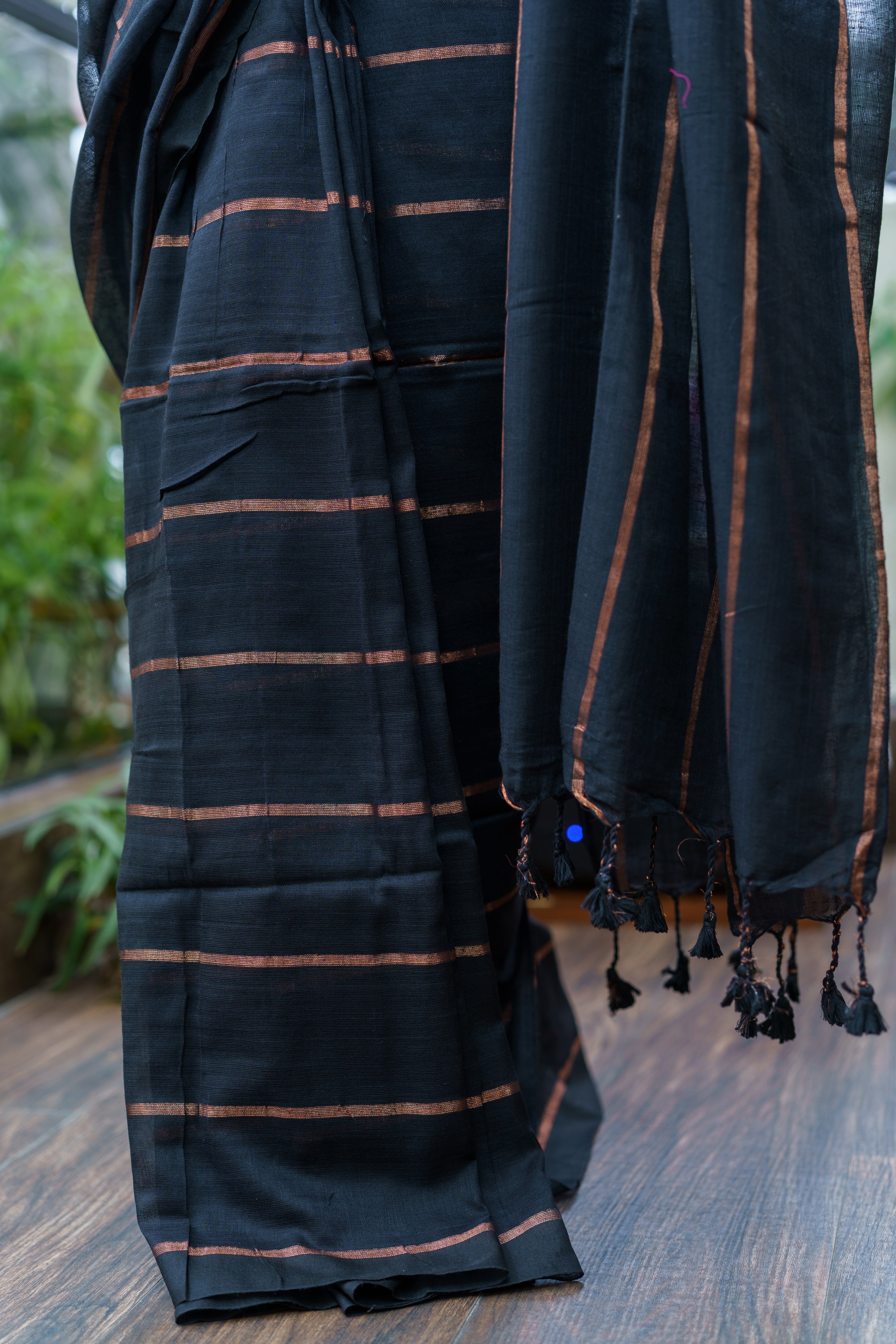 Black golden stripes soft cotton saree with blouse piece