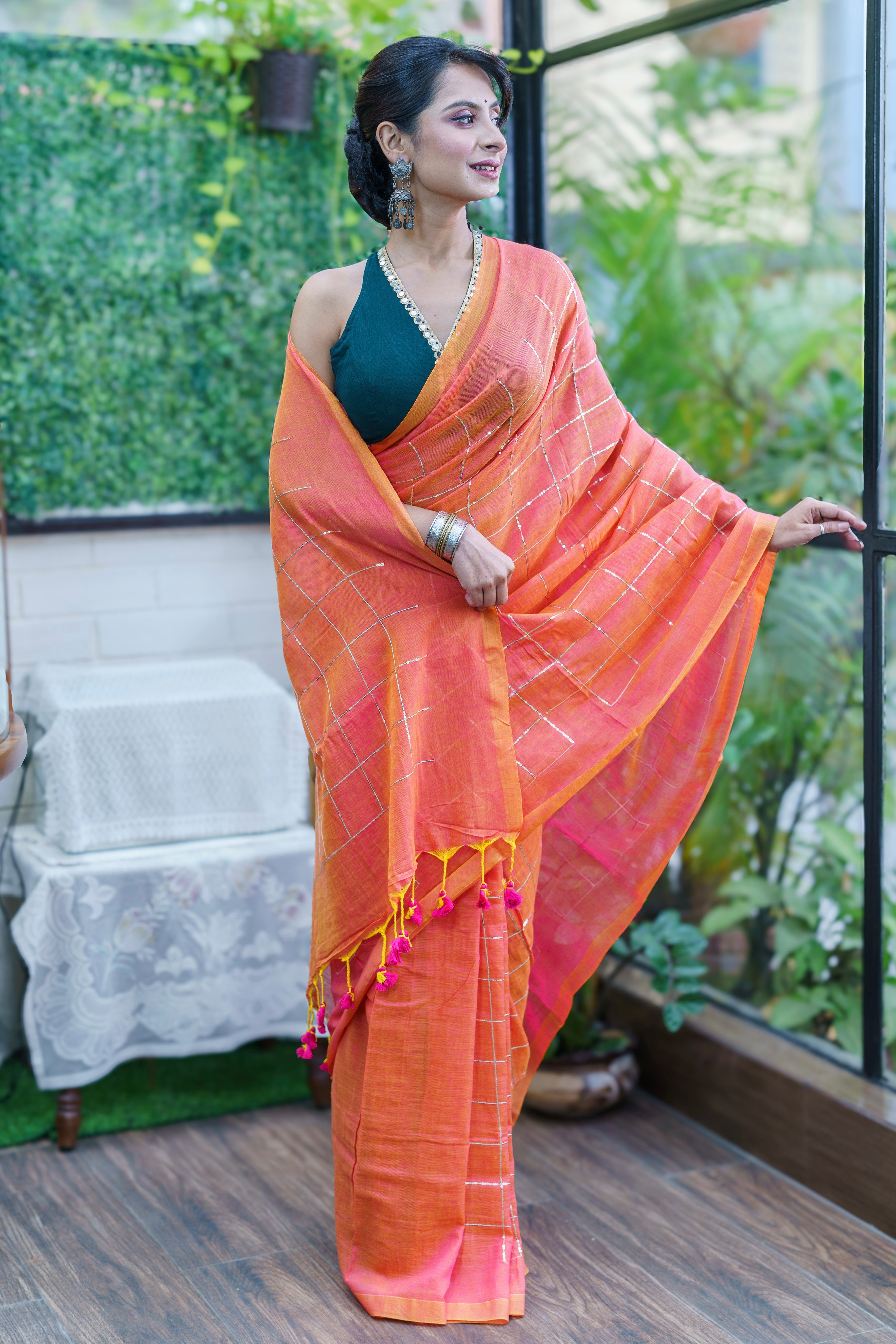 Peach pure khadi cotton sequence work saree