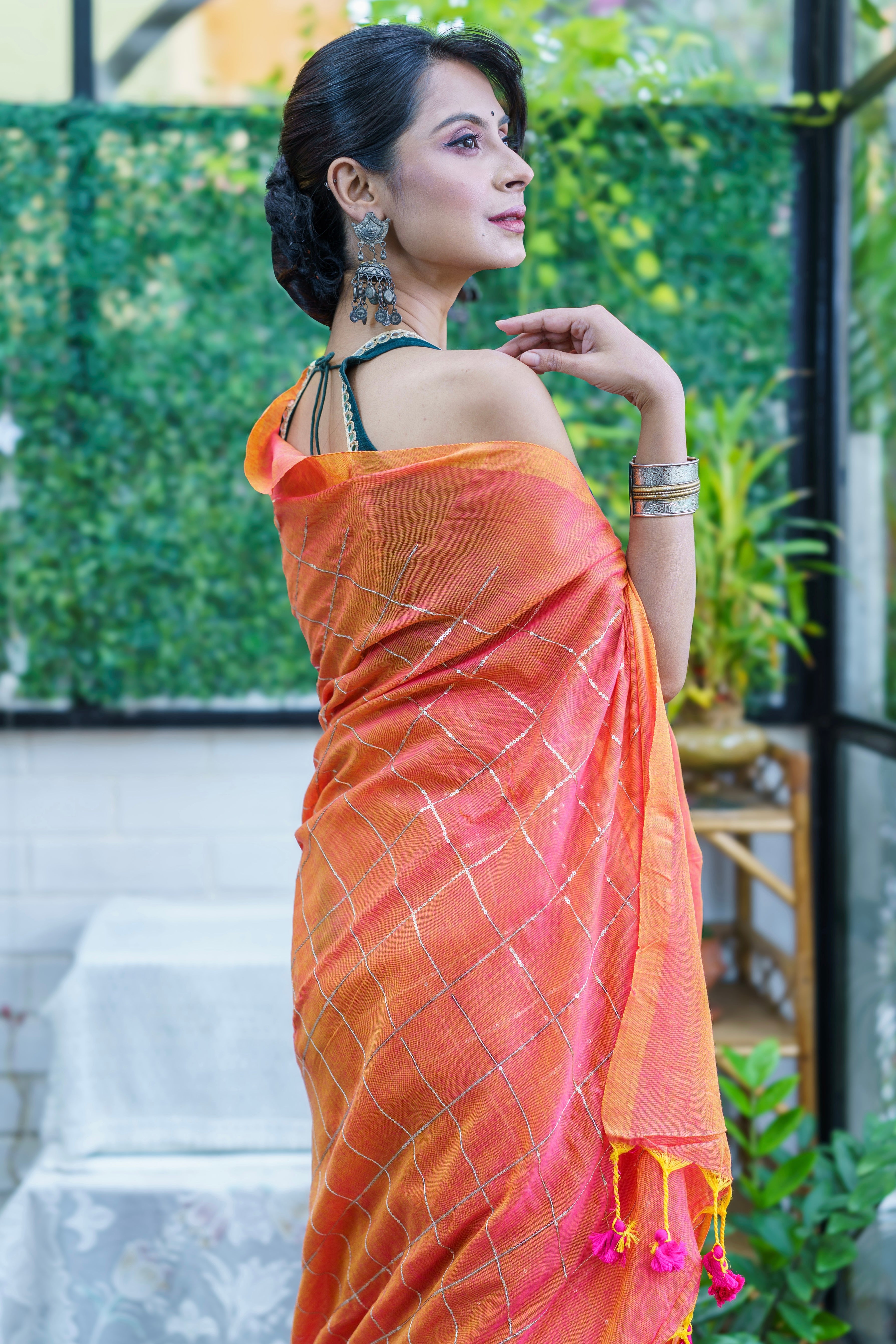 Peach pure khadi cotton sequence work saree