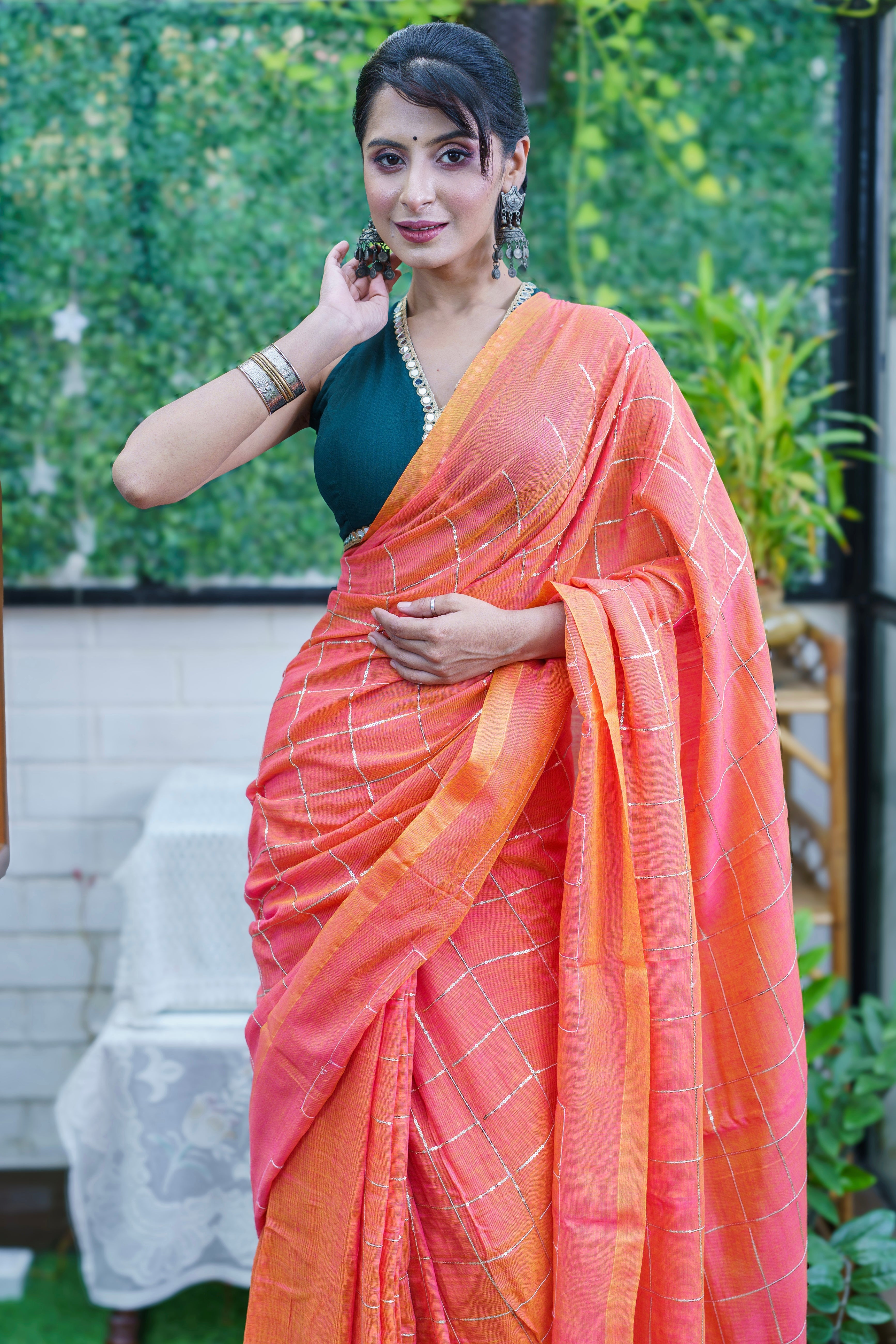 Peach pure khadi cotton sequence work saree