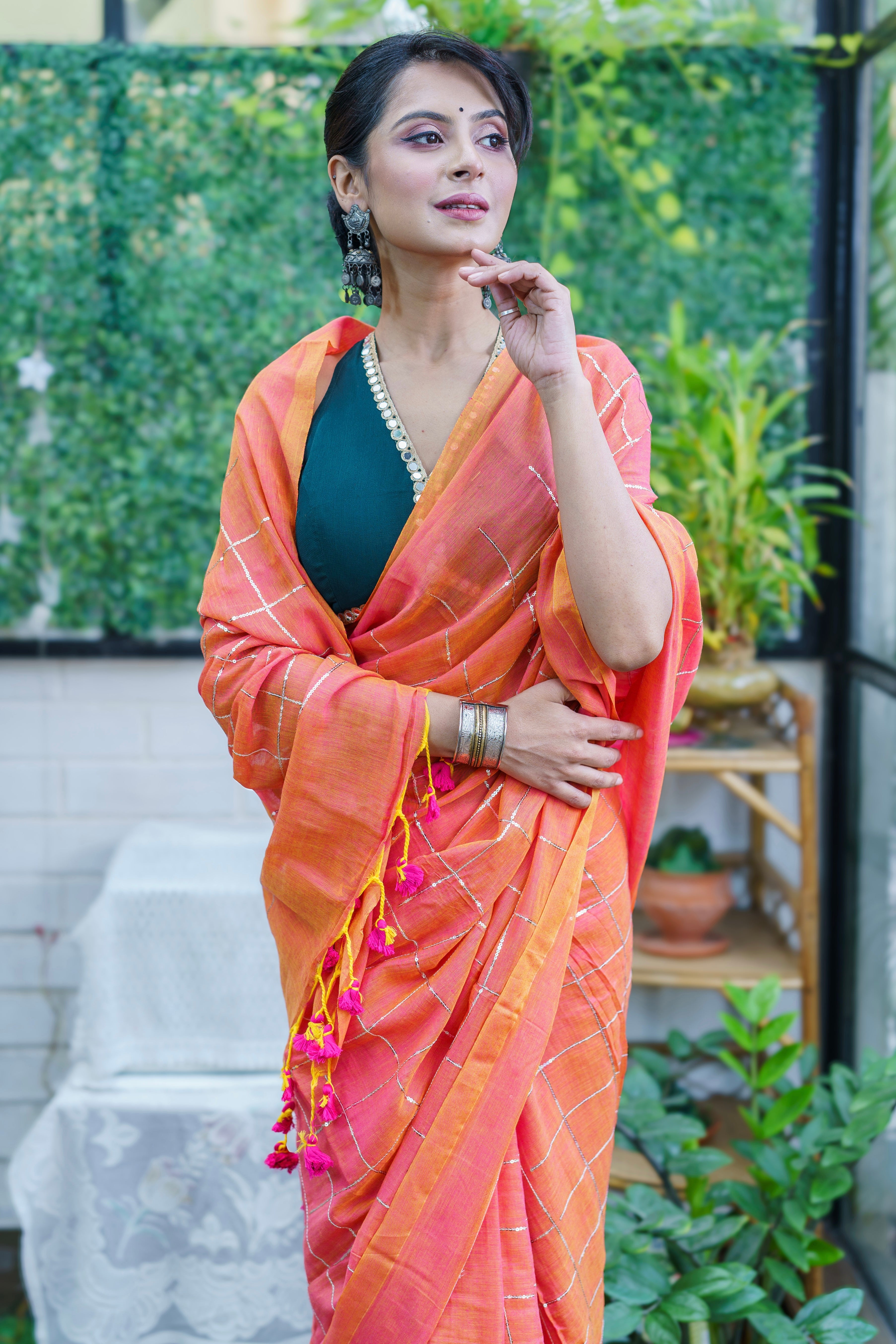 Peach pure khadi cotton sequence work saree