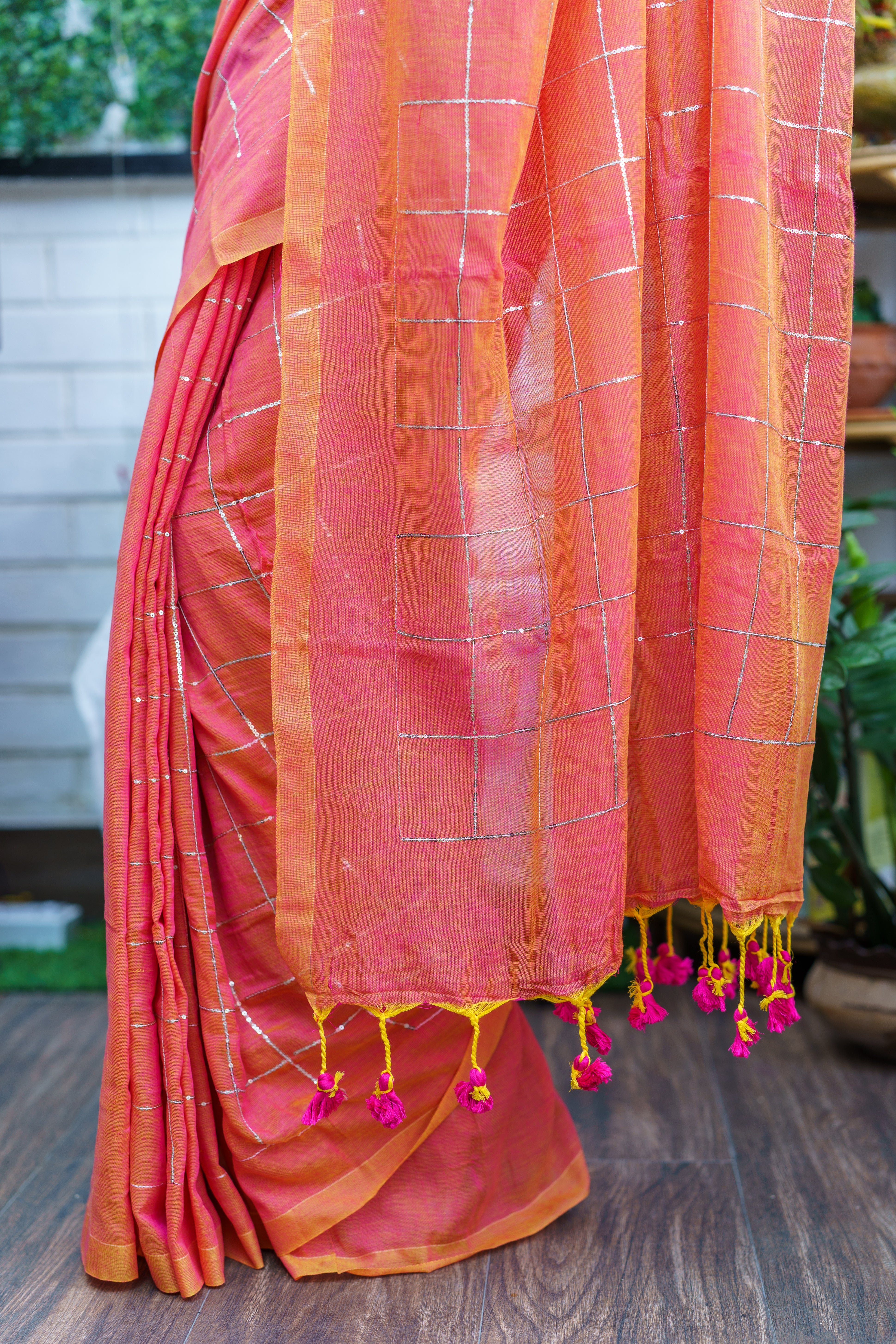 Peach pure khadi cotton sequence work saree