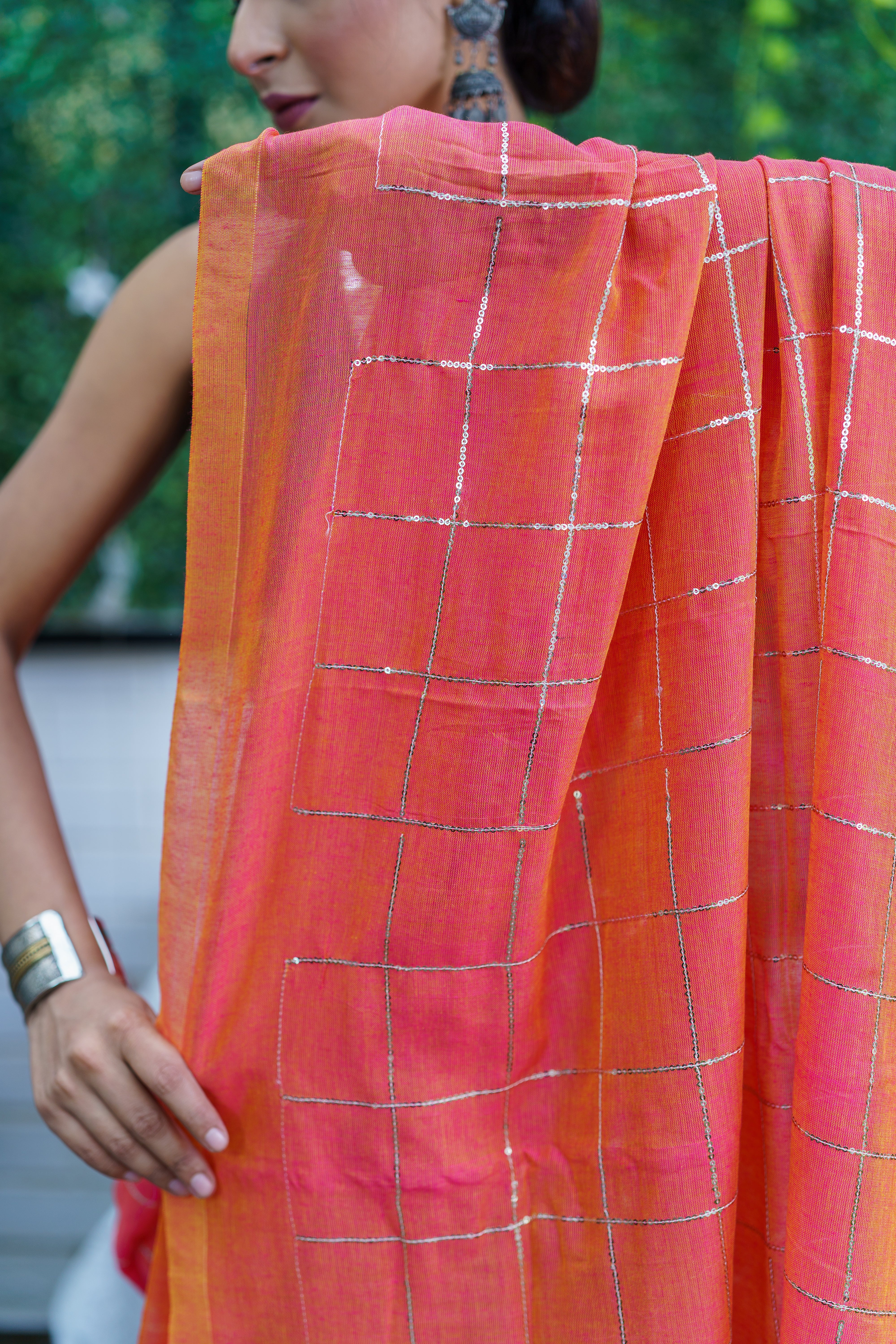Peach pure khadi cotton sequence work saree