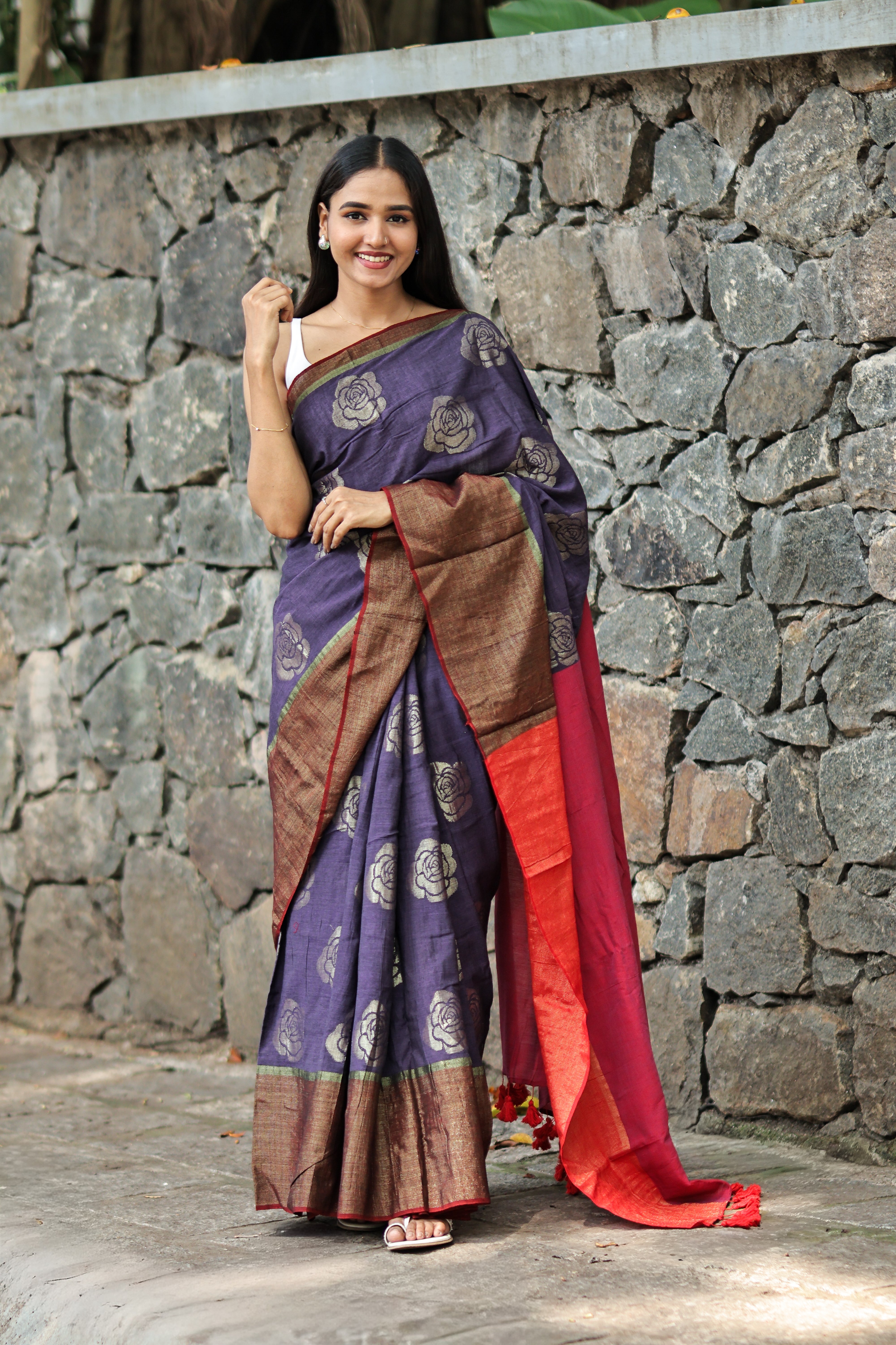 RED AND LAVENDER COTTON ACRYLIC SAREE with FLORAL ZARI