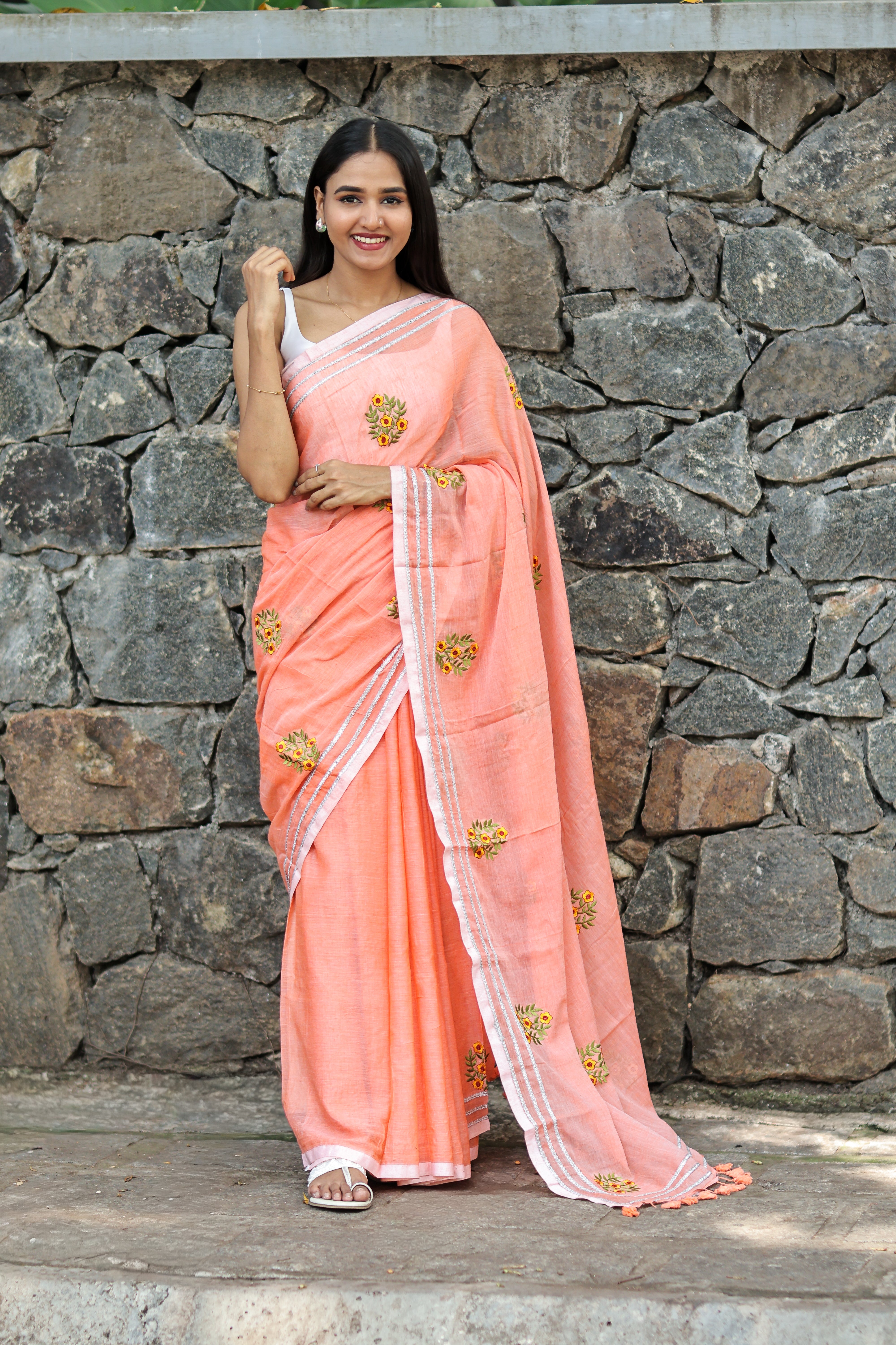 Peach Embroidered Mulmul Cotton Saree