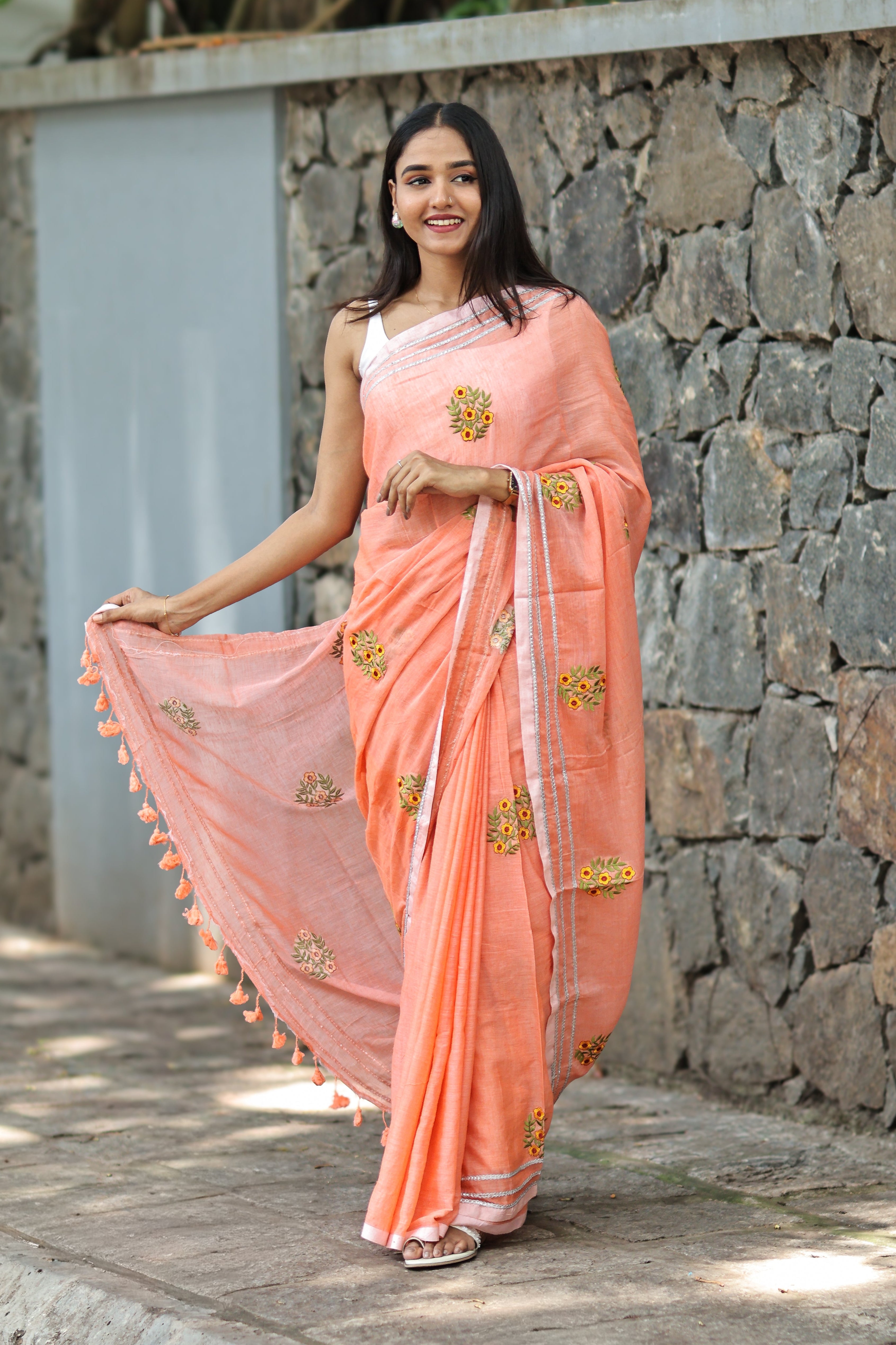 Peach Embroidered Mulmul Cotton Saree