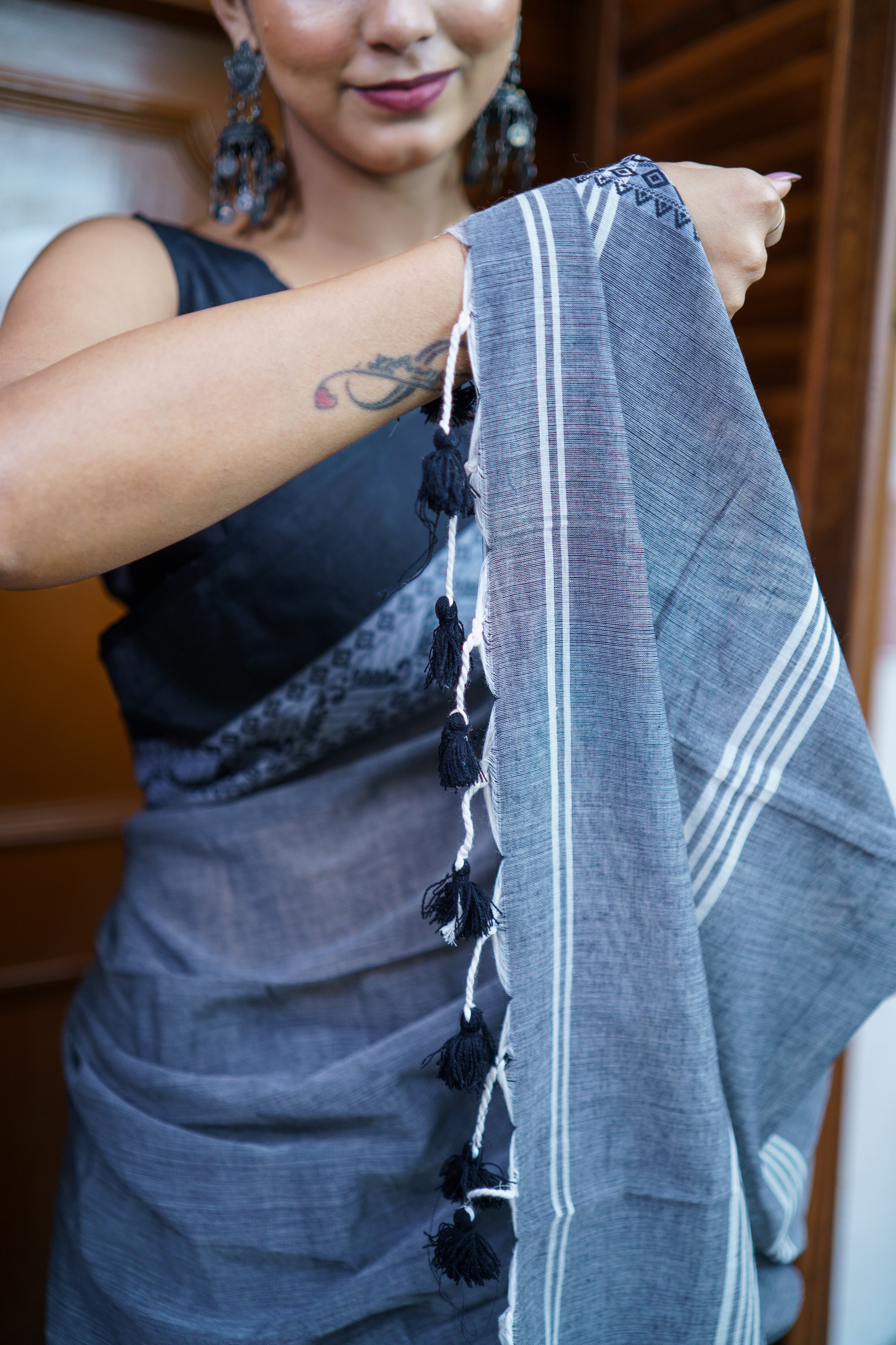 Grey & Black Mul Mul Cotton Saree