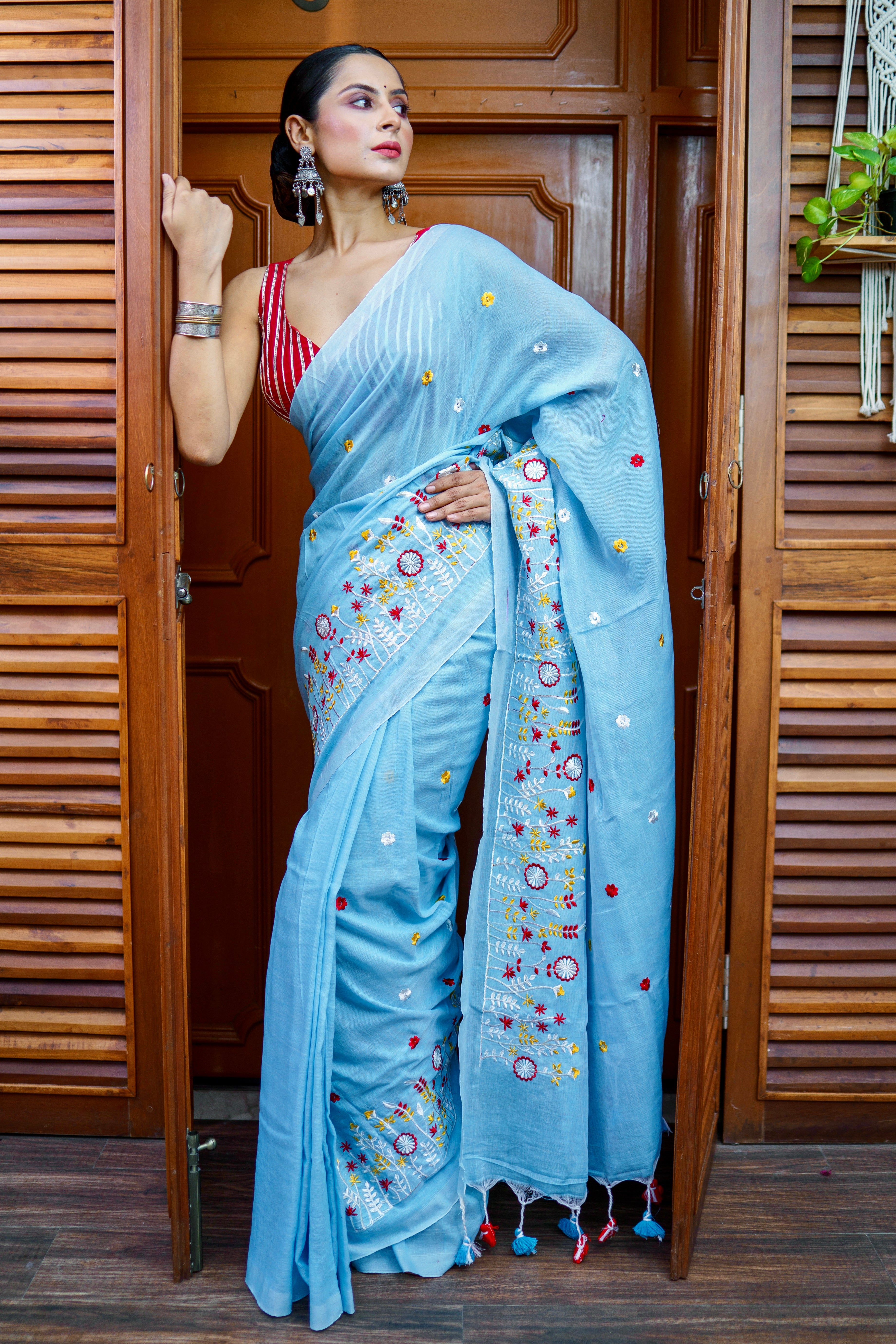 Sky blue pure khadi cotton embroidered saree