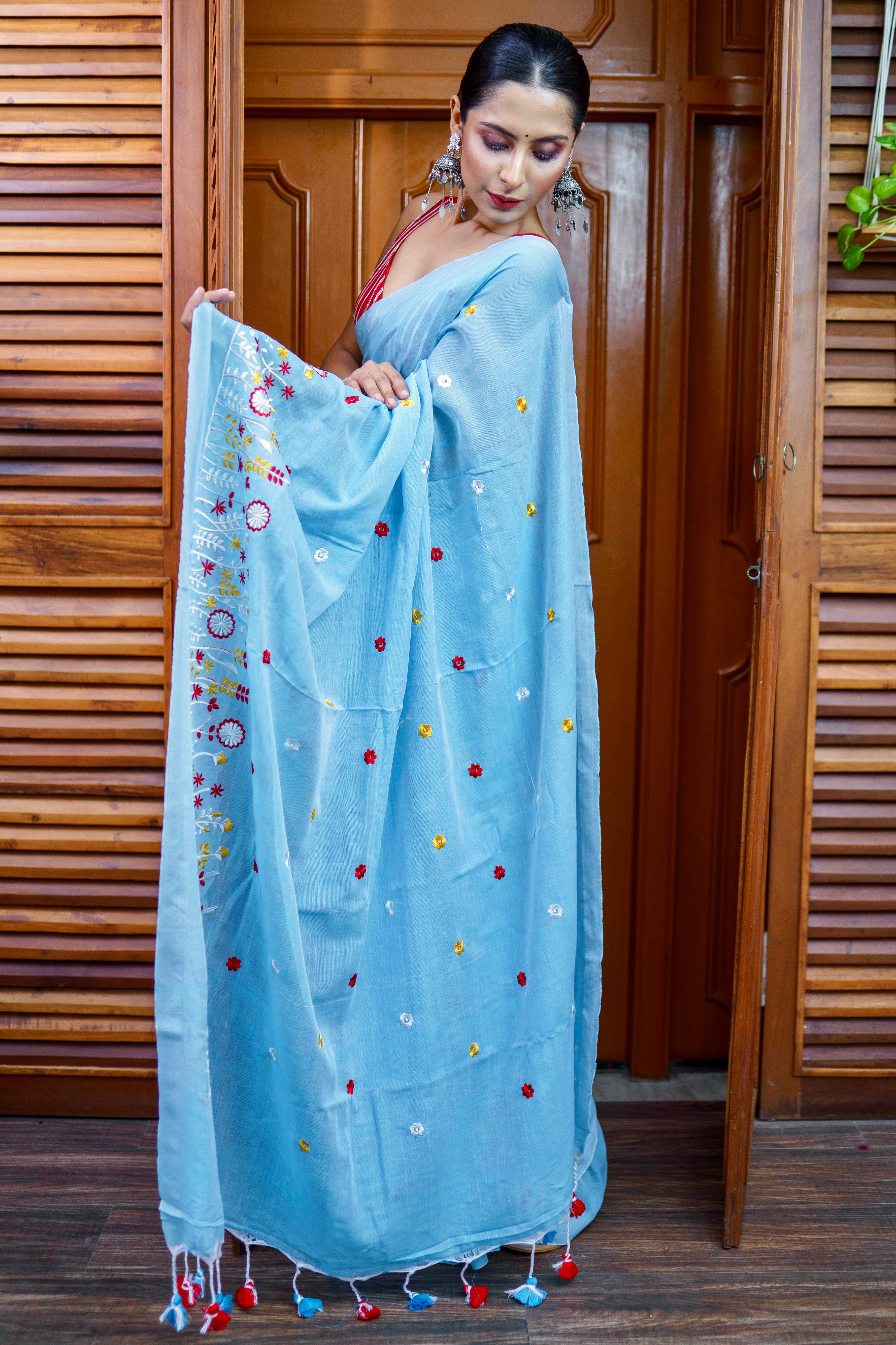 Sky blue pure khadi cotton embroidered saree