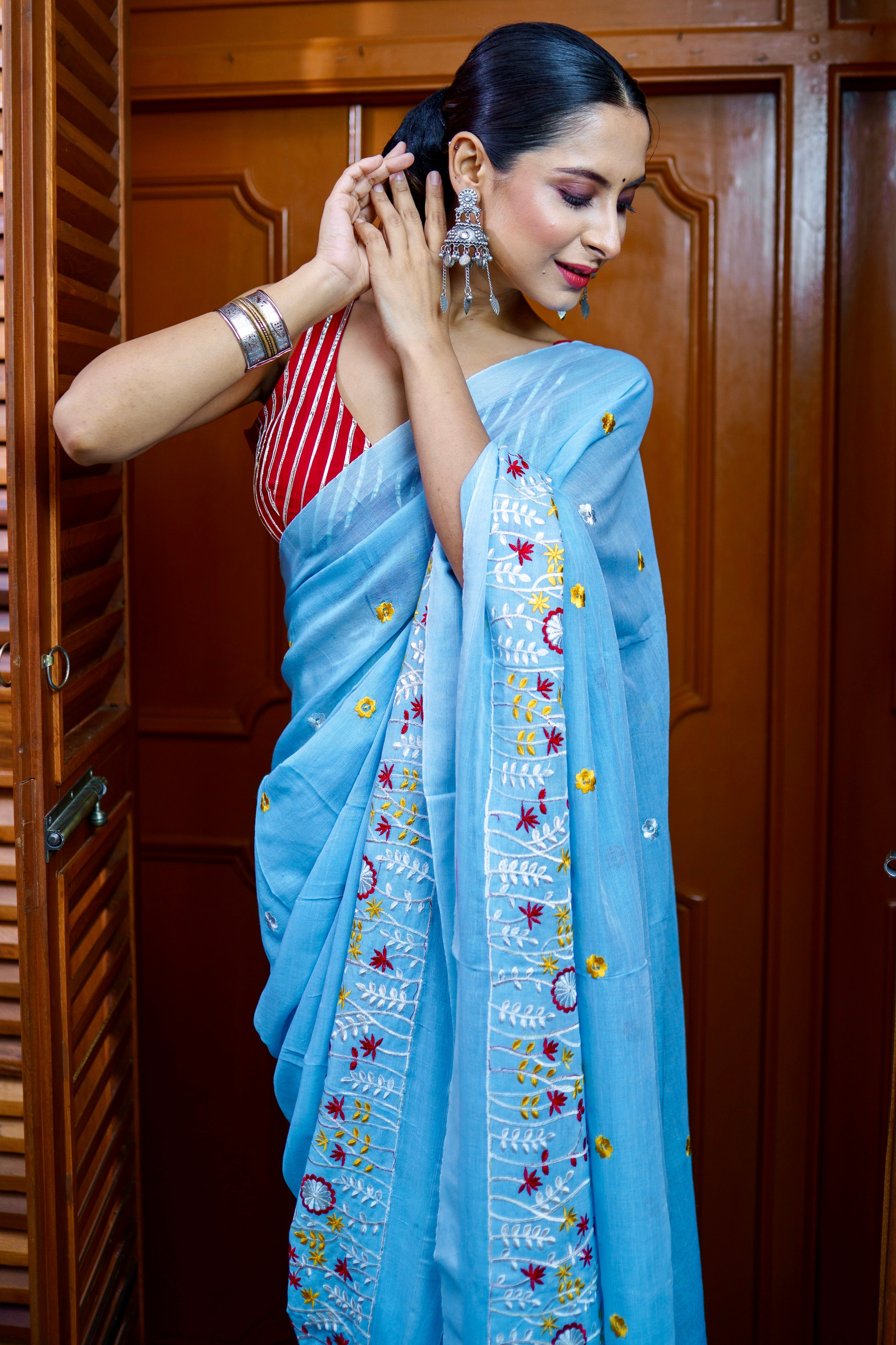 Sky blue pure soft cotton embroidered saree