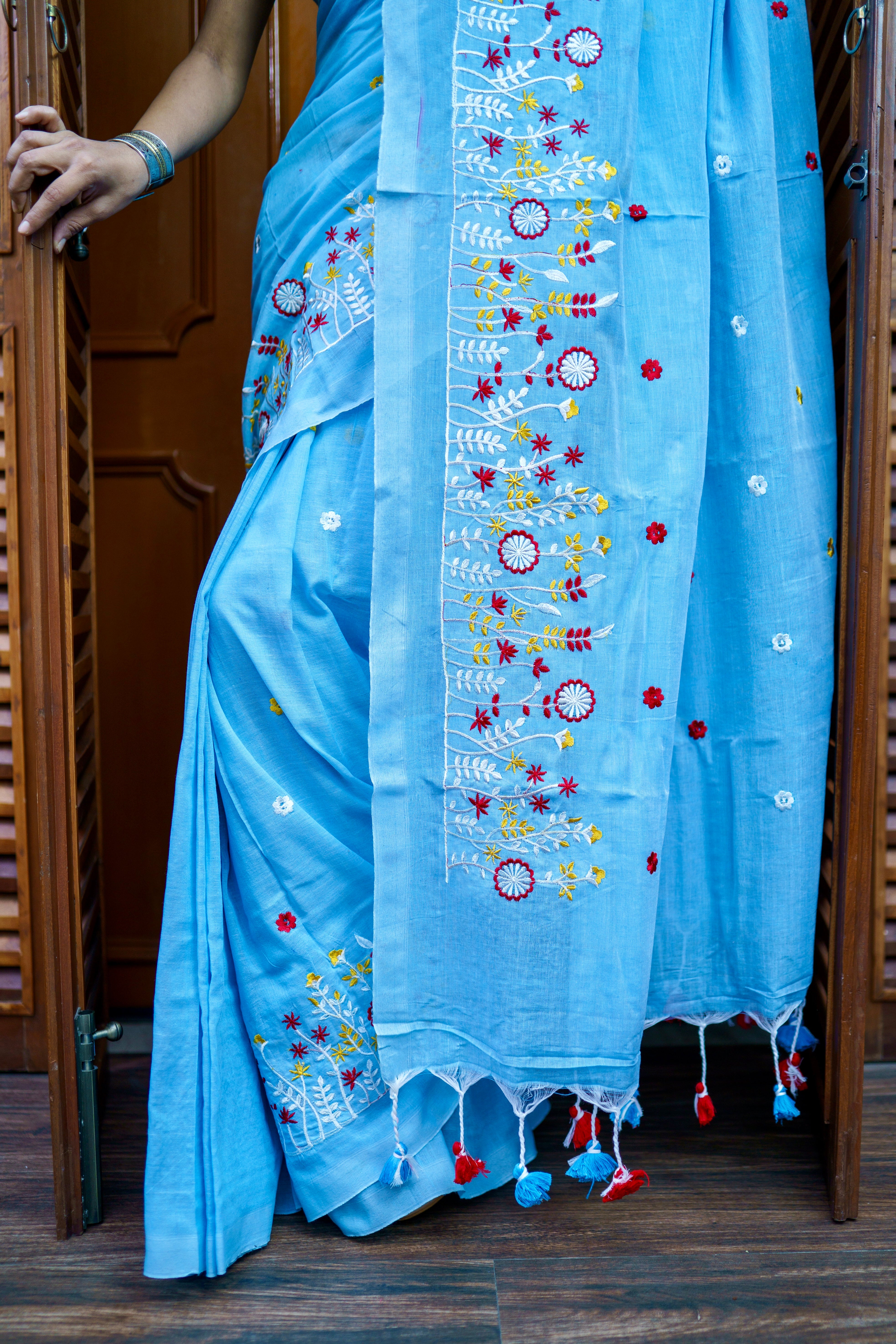 Sky blue pure soft cotton embroidered saree