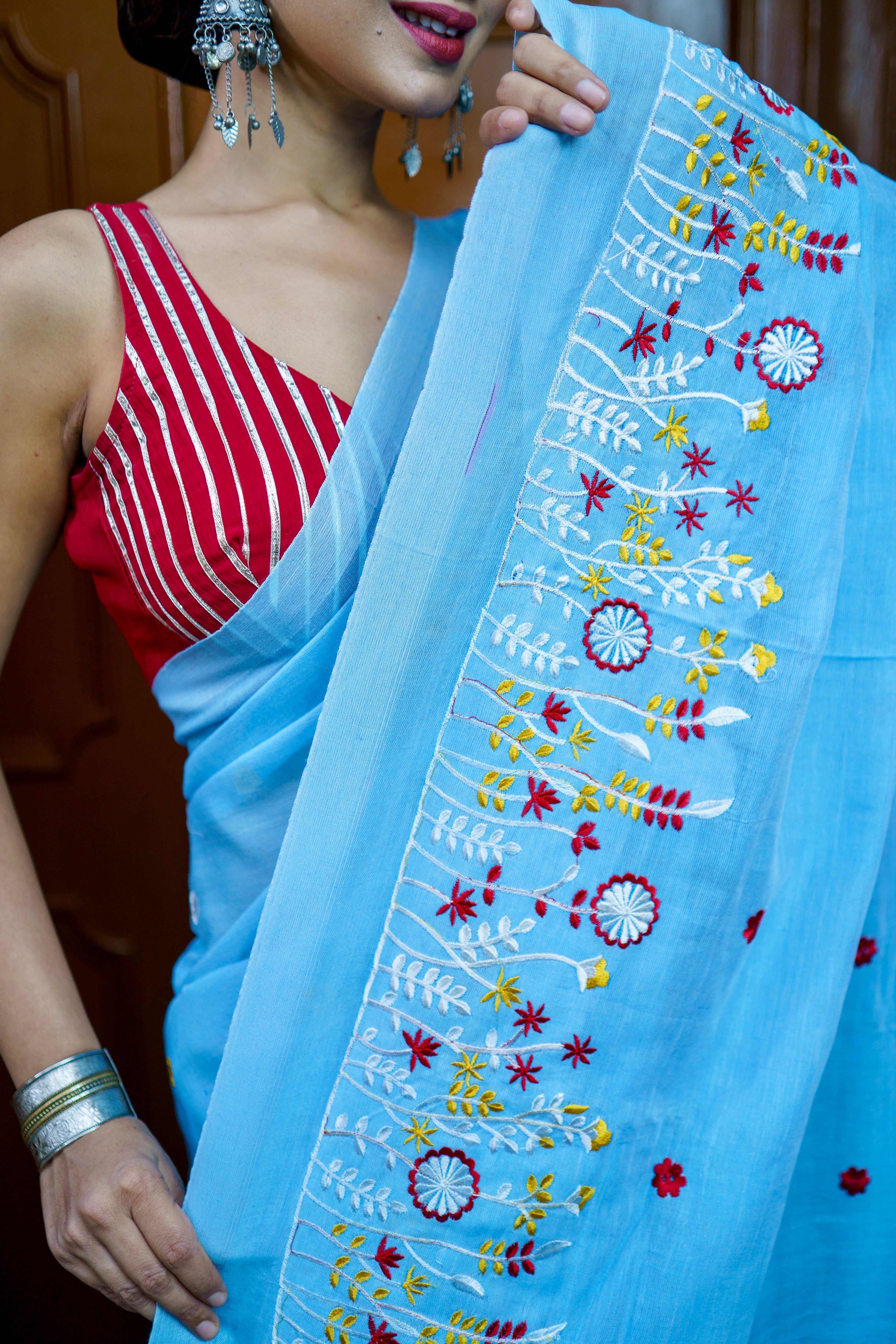 Sky blue pure soft cotton embroidered saree